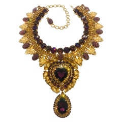 Smoked Topaz and Amethyst Austrian Crystal Leaf Heart Motif Bib Collar Necklace