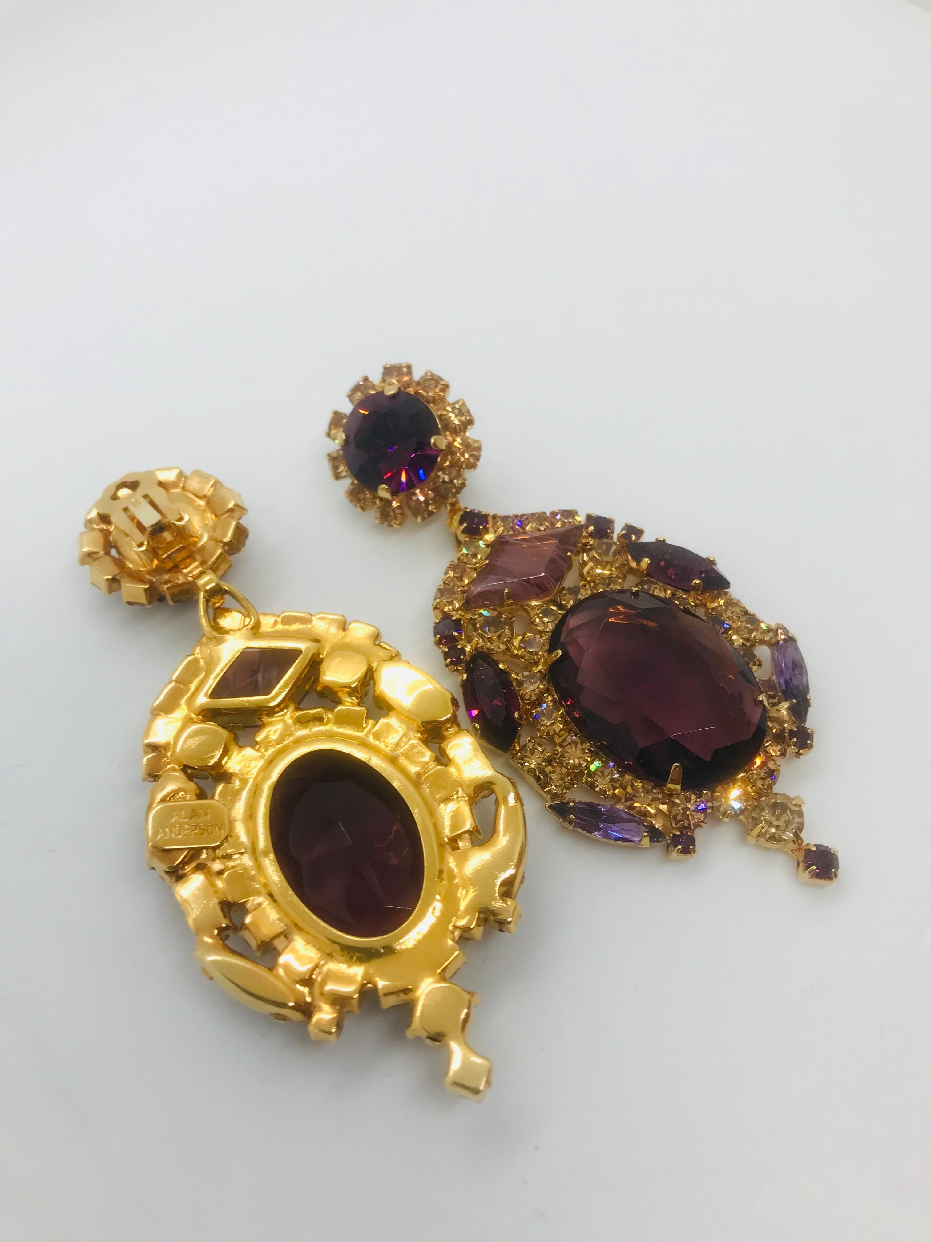 Smoked Topaz and Amethyst Austrian Crystal Pendant Drop Earrings In New Condition For Sale In Toronto, CA