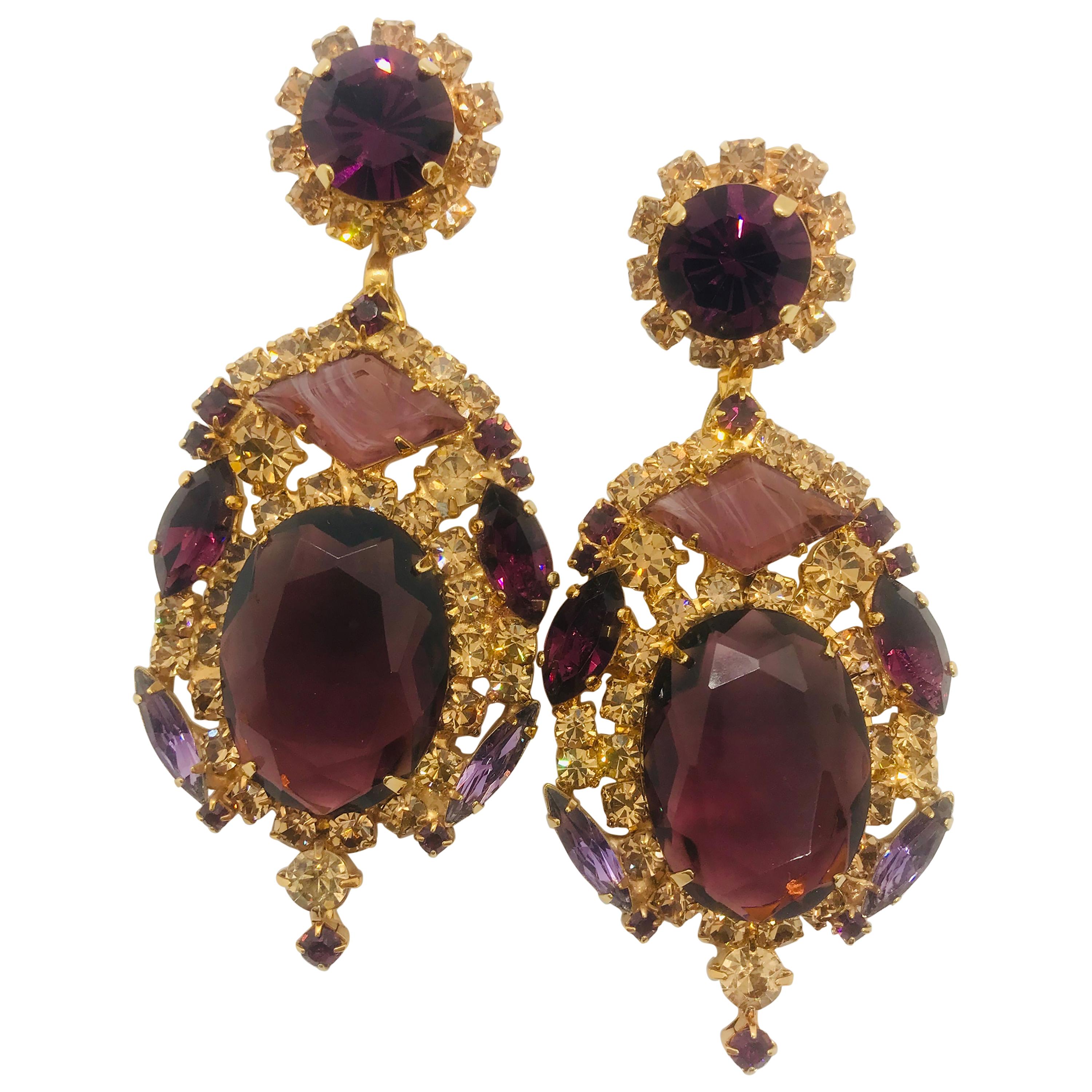 Smoked Topaz and Amethyst Austrian Crystal Pendant Drop Earrings For Sale
