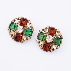 Smoked Topaz and Emerald Rhinestone Crystal Statement Earrings By Hobé, 1960s
