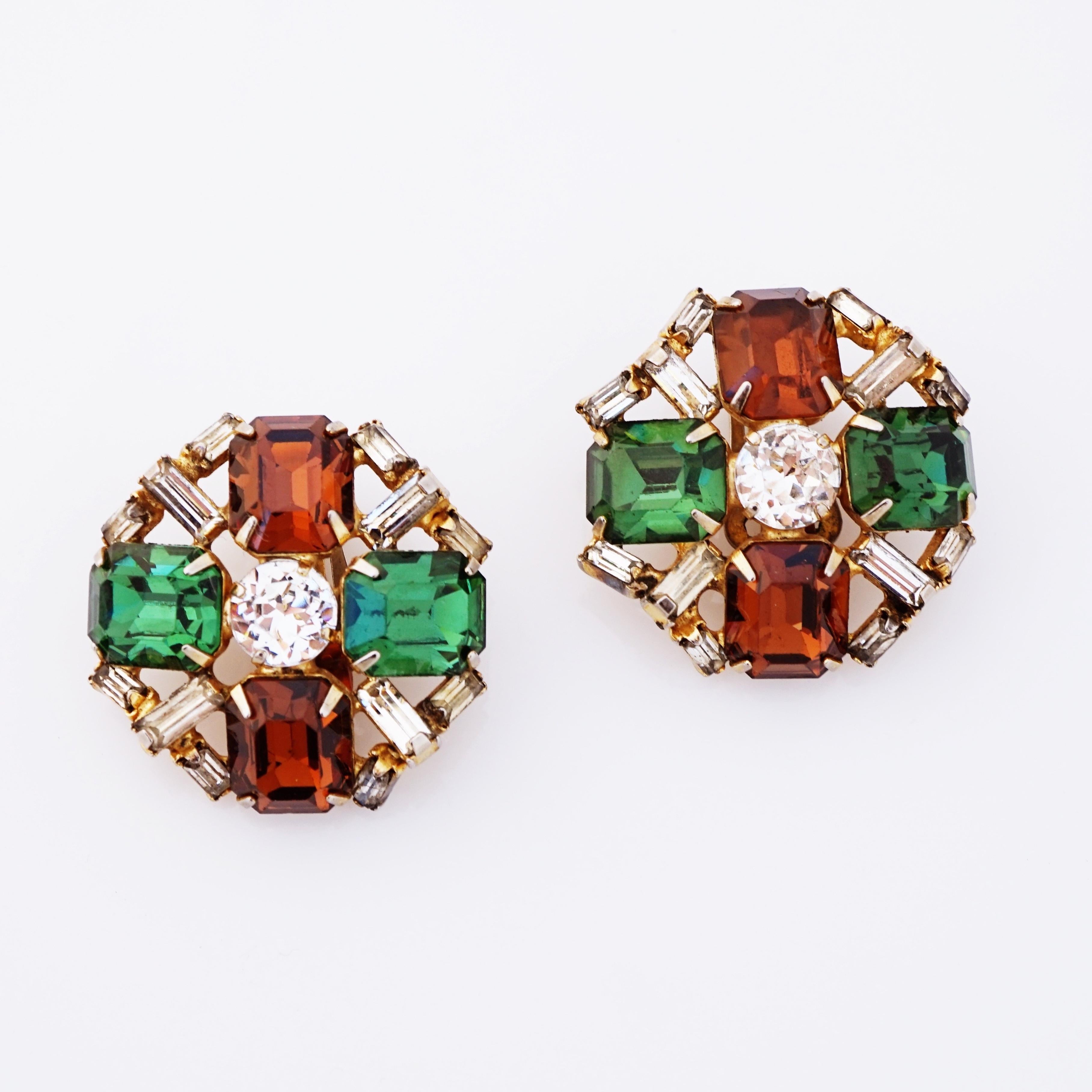 Modern Smoked Topaz and Emerald Rhinestone Crystal Statement Earrings By Hobé, 1960s For Sale