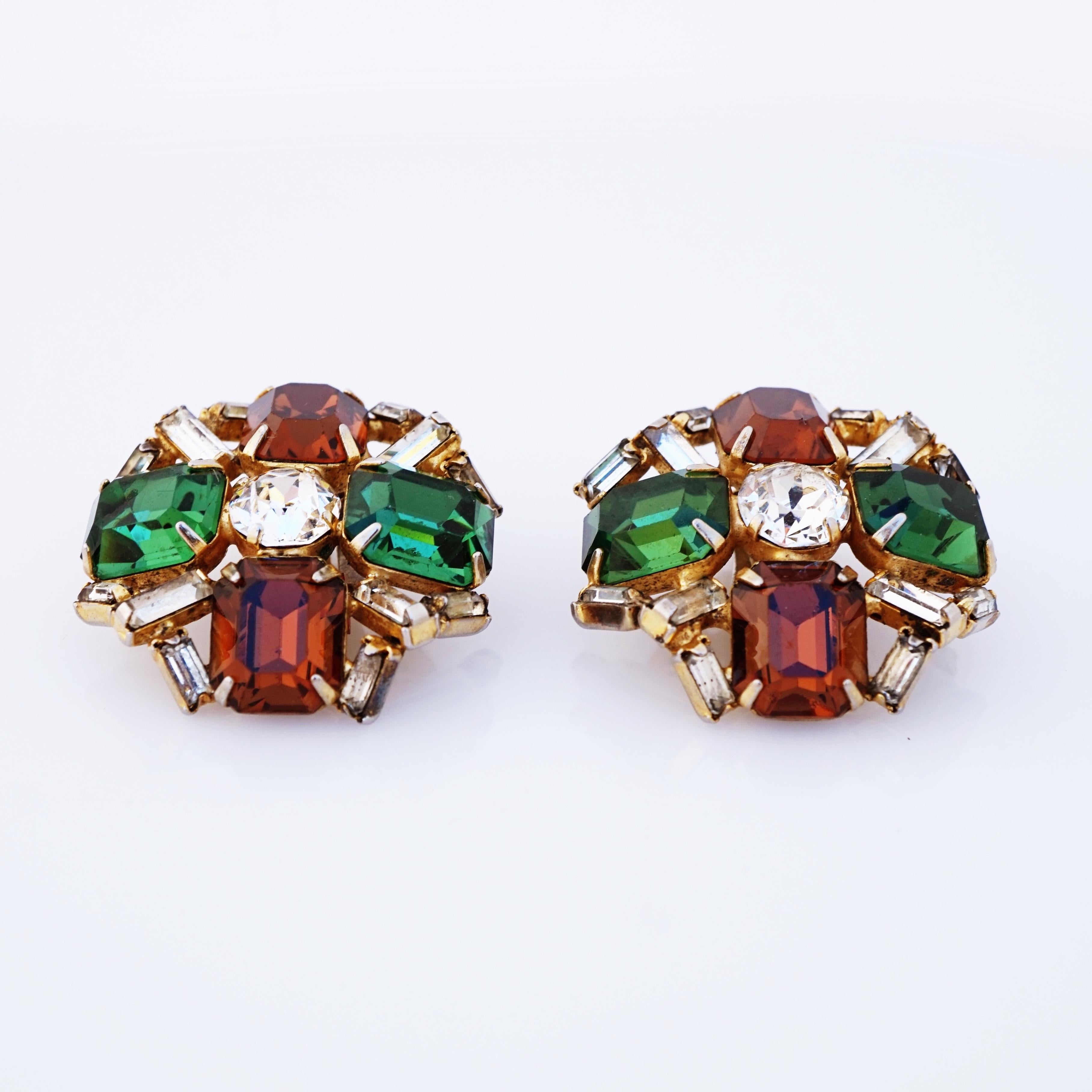 Smoked Topaz and Emerald Rhinestone Crystal Statement Earrings By Hobé, 1960s In Good Condition For Sale In McKinney, TX