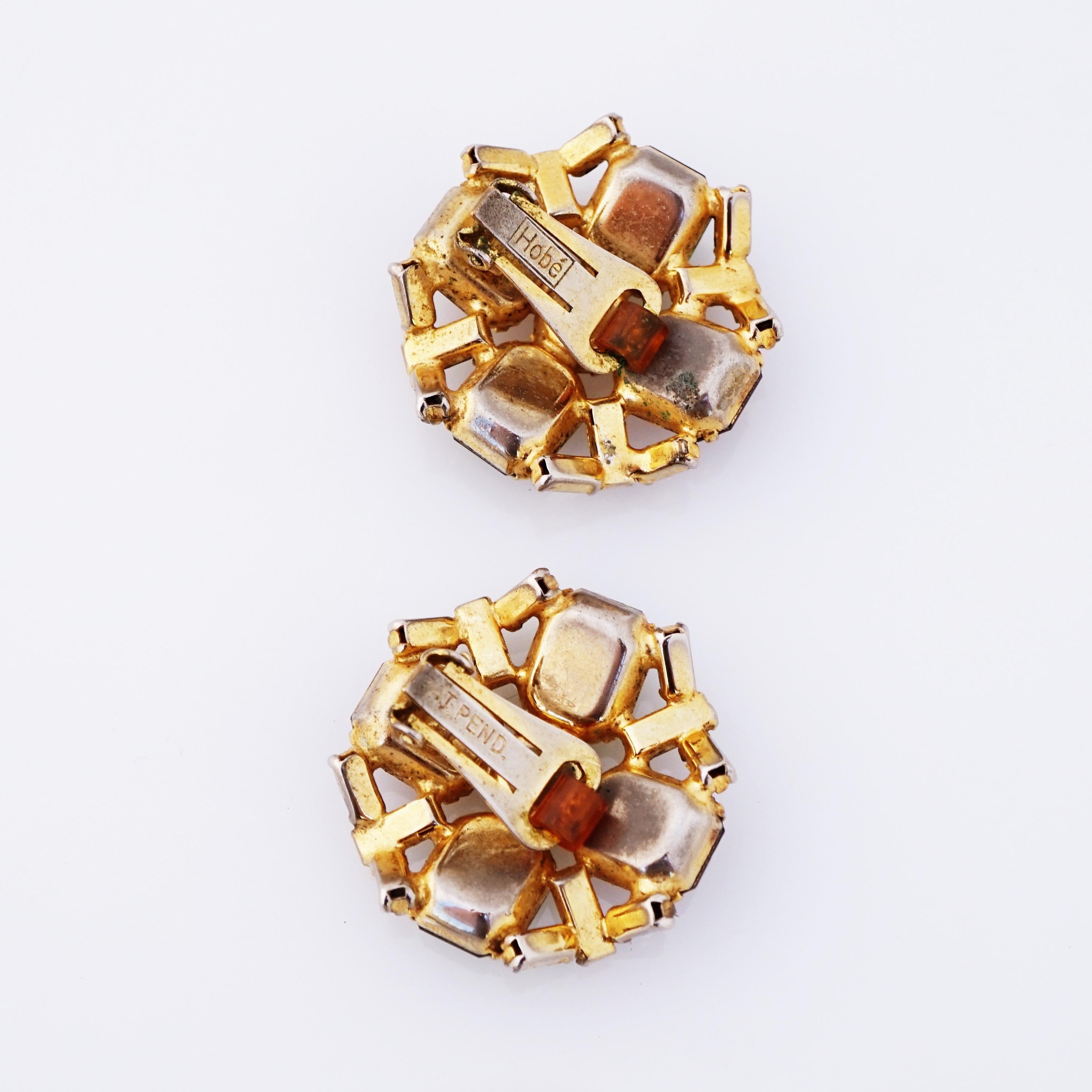 Women's Smoked Topaz and Emerald Rhinestone Crystal Statement Earrings By Hobé, 1960s For Sale