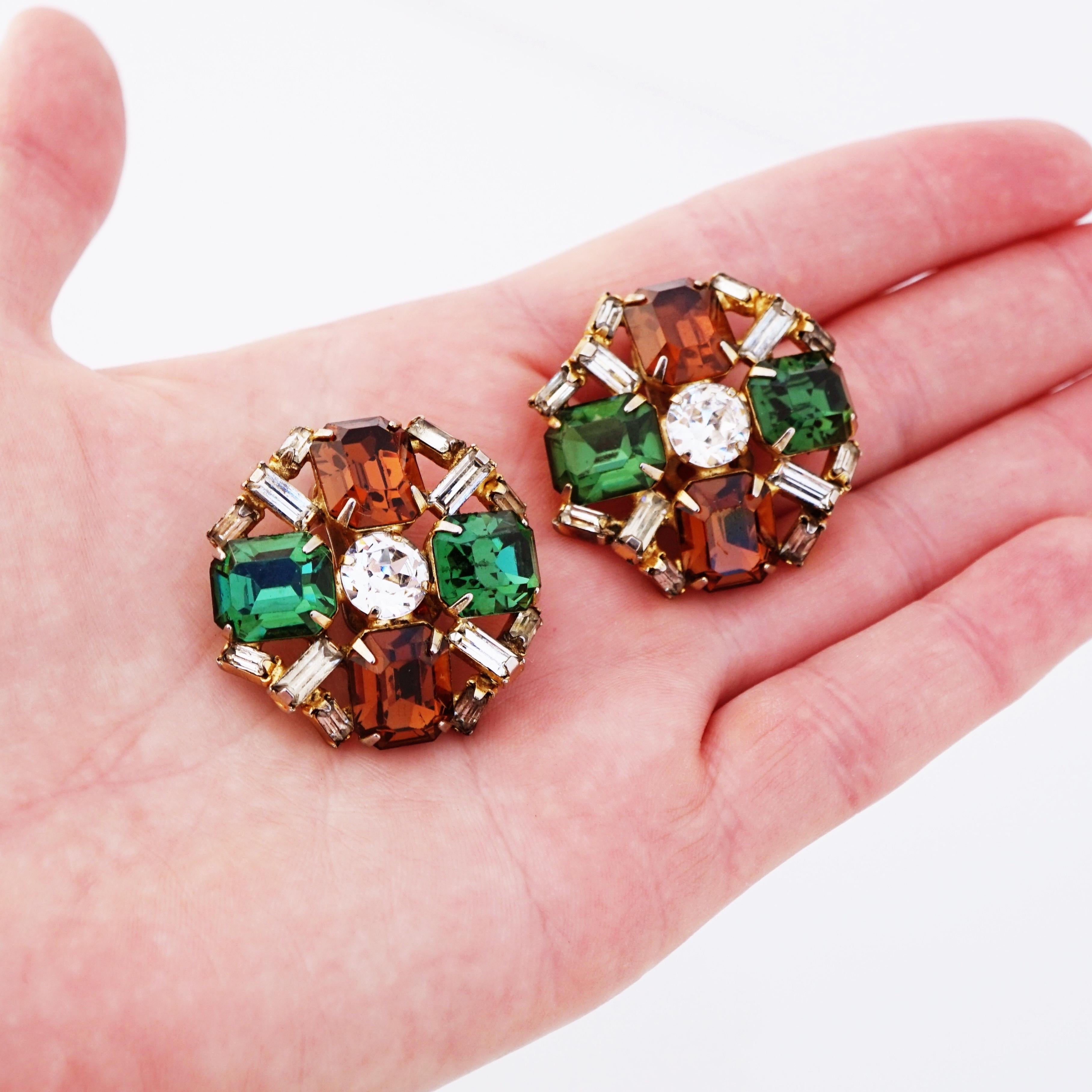 Smoked Topaz and Emerald Rhinestone Crystal Statement Earrings By Hobé, 1960s For Sale 2