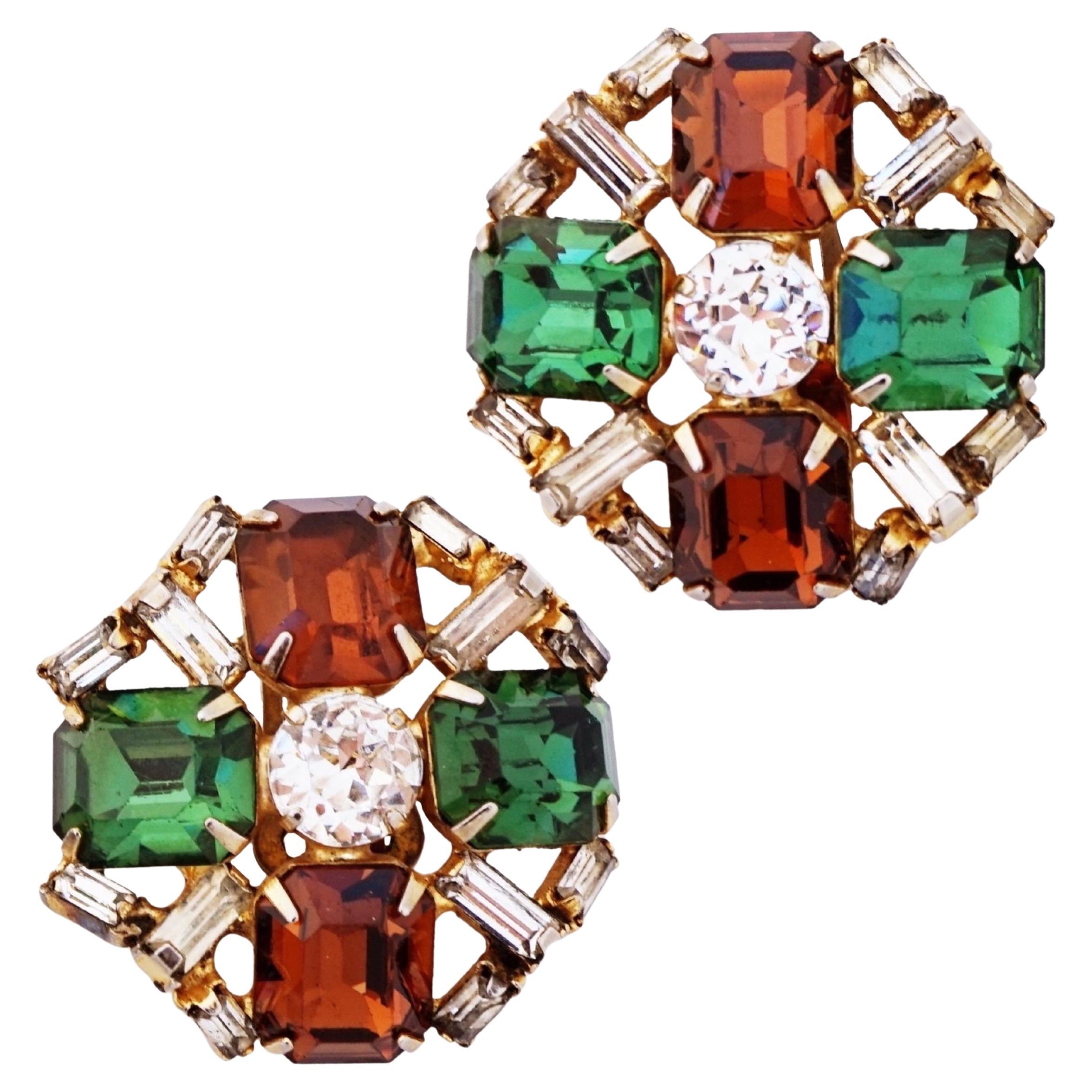 Smoked Topaz and Emerald Rhinestone Crystal Statement Earrings By Hobé, 1960s For Sale