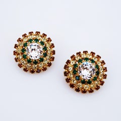 Smoked Topaz and Emerald Rhinestone Dome Earrings By Hobé, 1960s