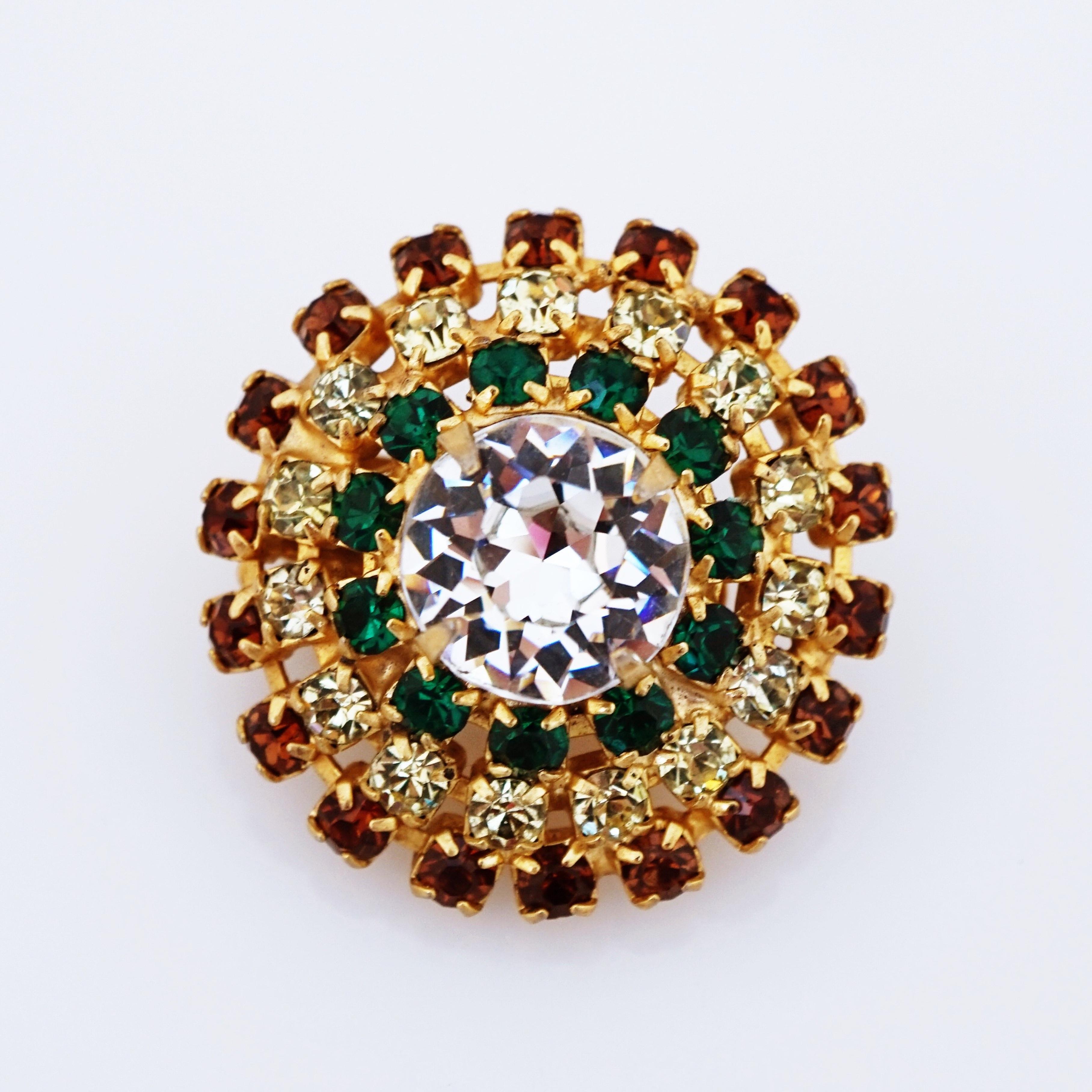 Modern Smoked Topaz and Emerald Rhinestone Dome Earrings By Hobé, 1960s For Sale