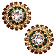 Smoked Topaz and Emerald Rhinestone Dome Earrings By Hobé, 1960s