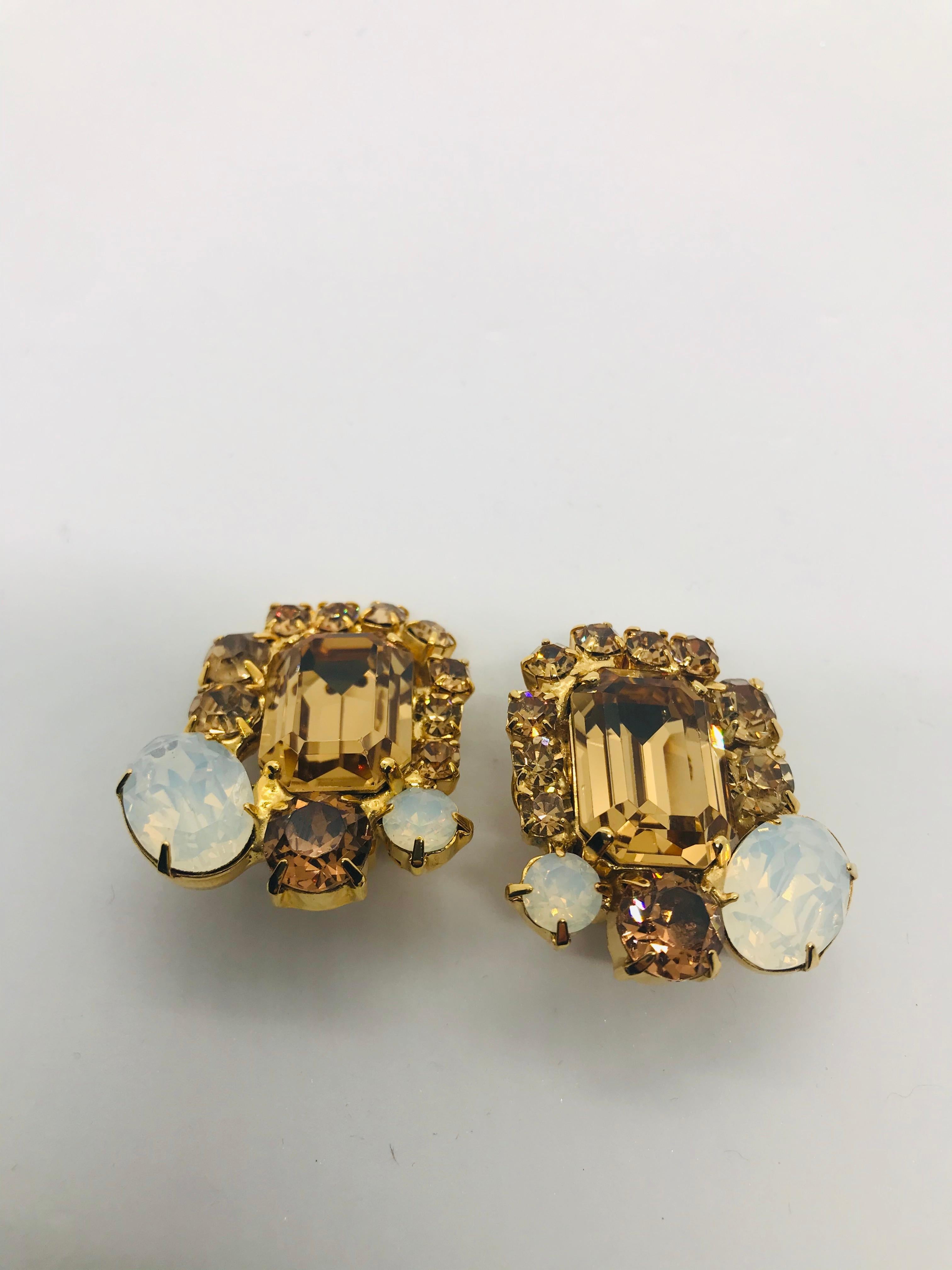 Post-War Smoked Topaz and White Opal Austrian Crystal Button Cluster Clip Earrings For Sale