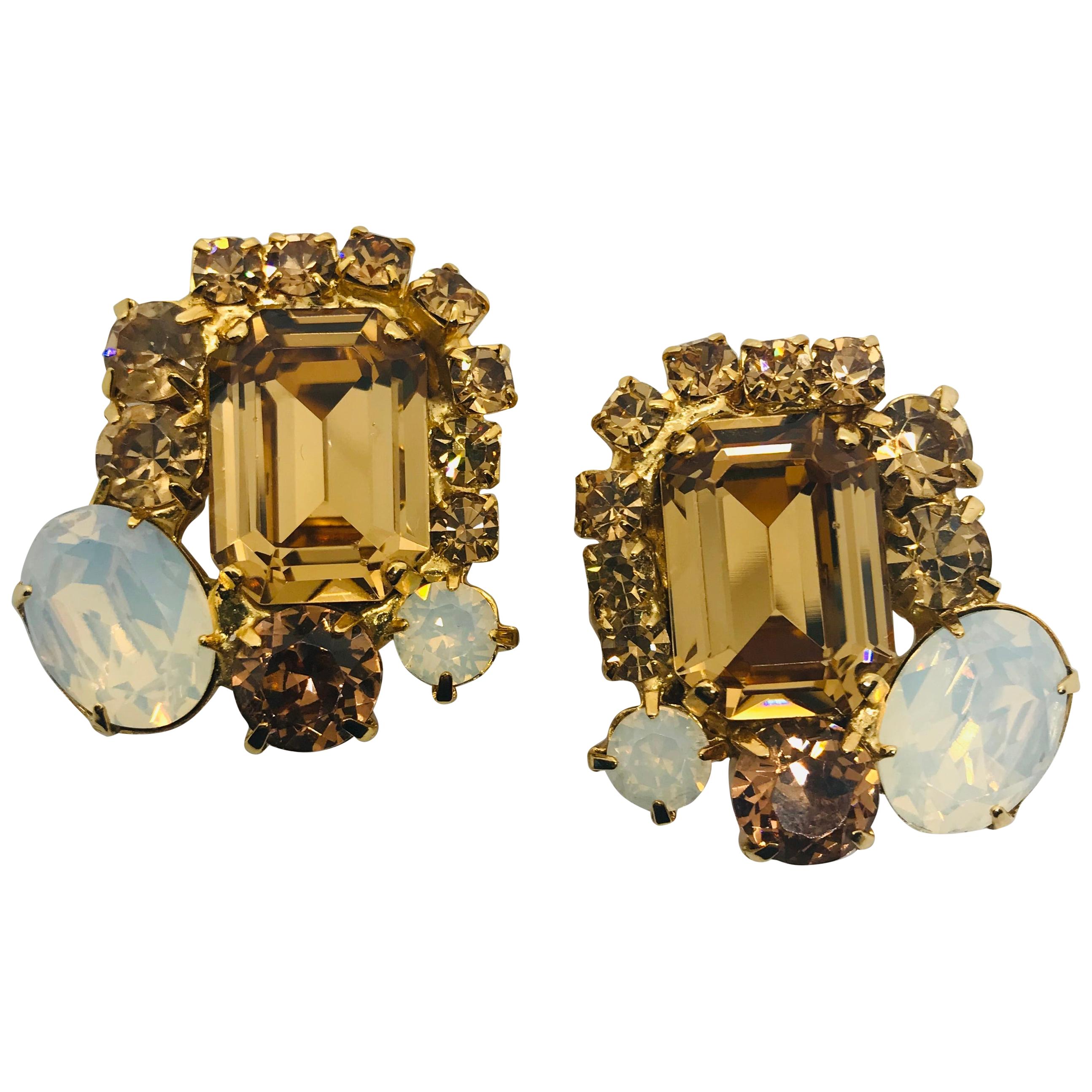 Smoked Topaz and White Opal Austrian Crystal Button Cluster Clip Earrings For Sale