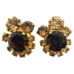 Smoked Topaz Austrian Crystal Button Cluster Earrings