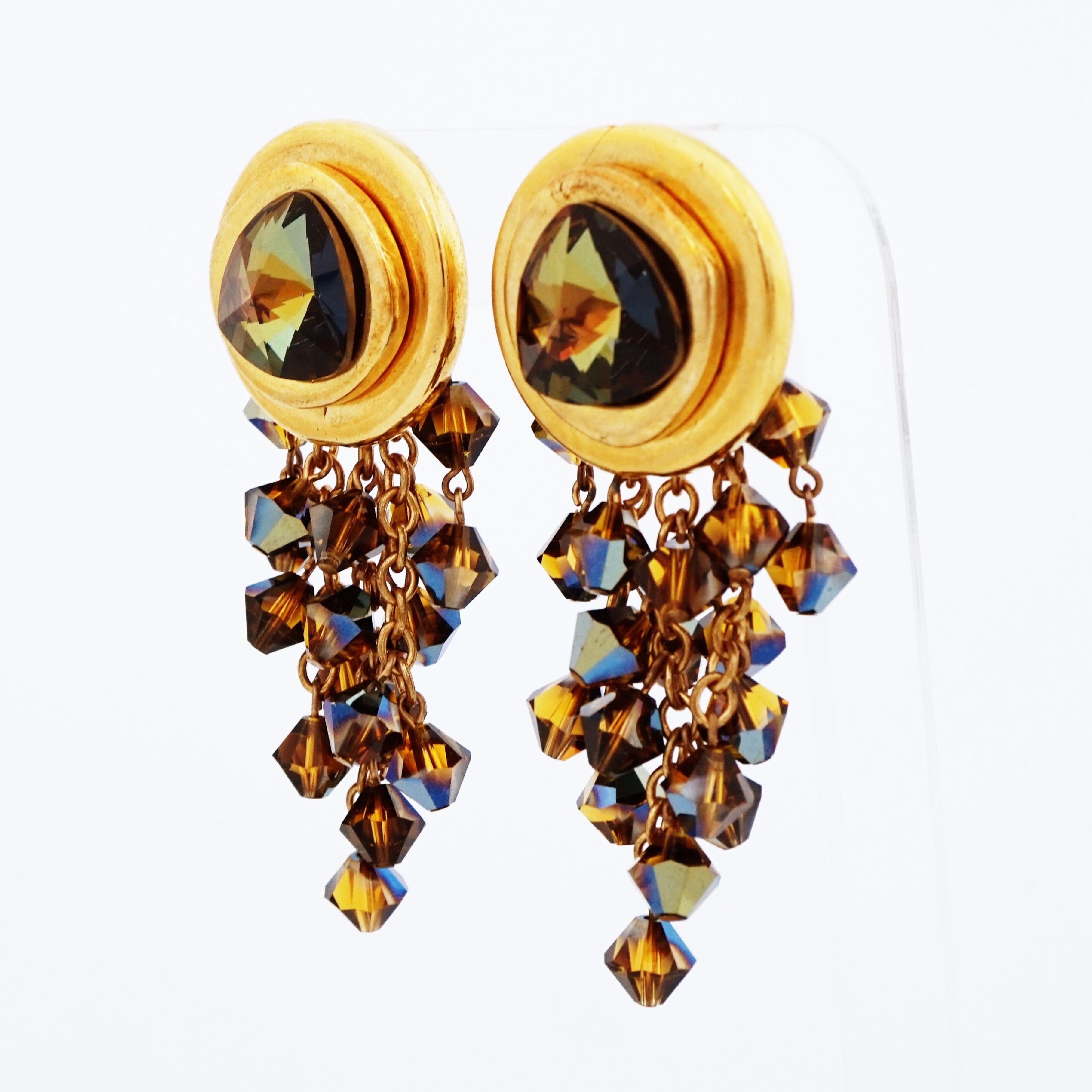 Smoked Topaz Crystal Chandelier Statement Earrings, 1980s In Good Condition For Sale In McKinney, TX