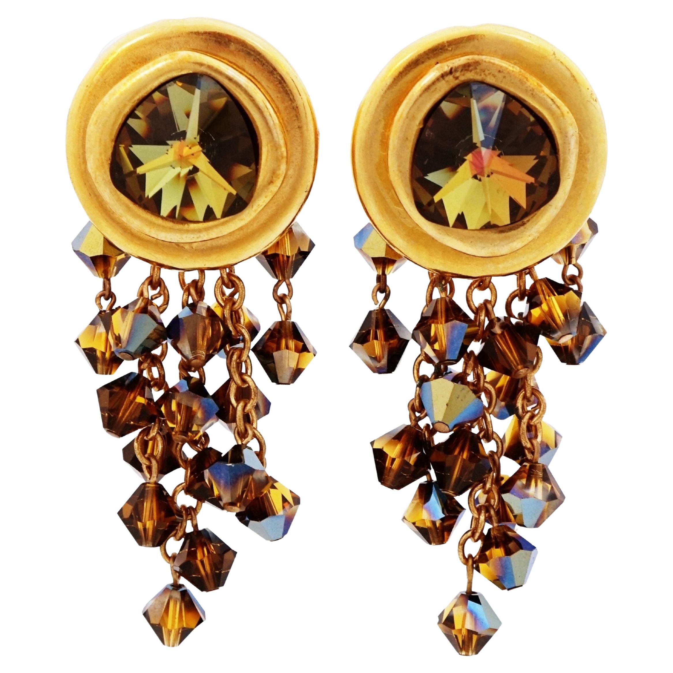 Smoked Topaz Crystal Chandelier Statement Earrings, 1980s For Sale