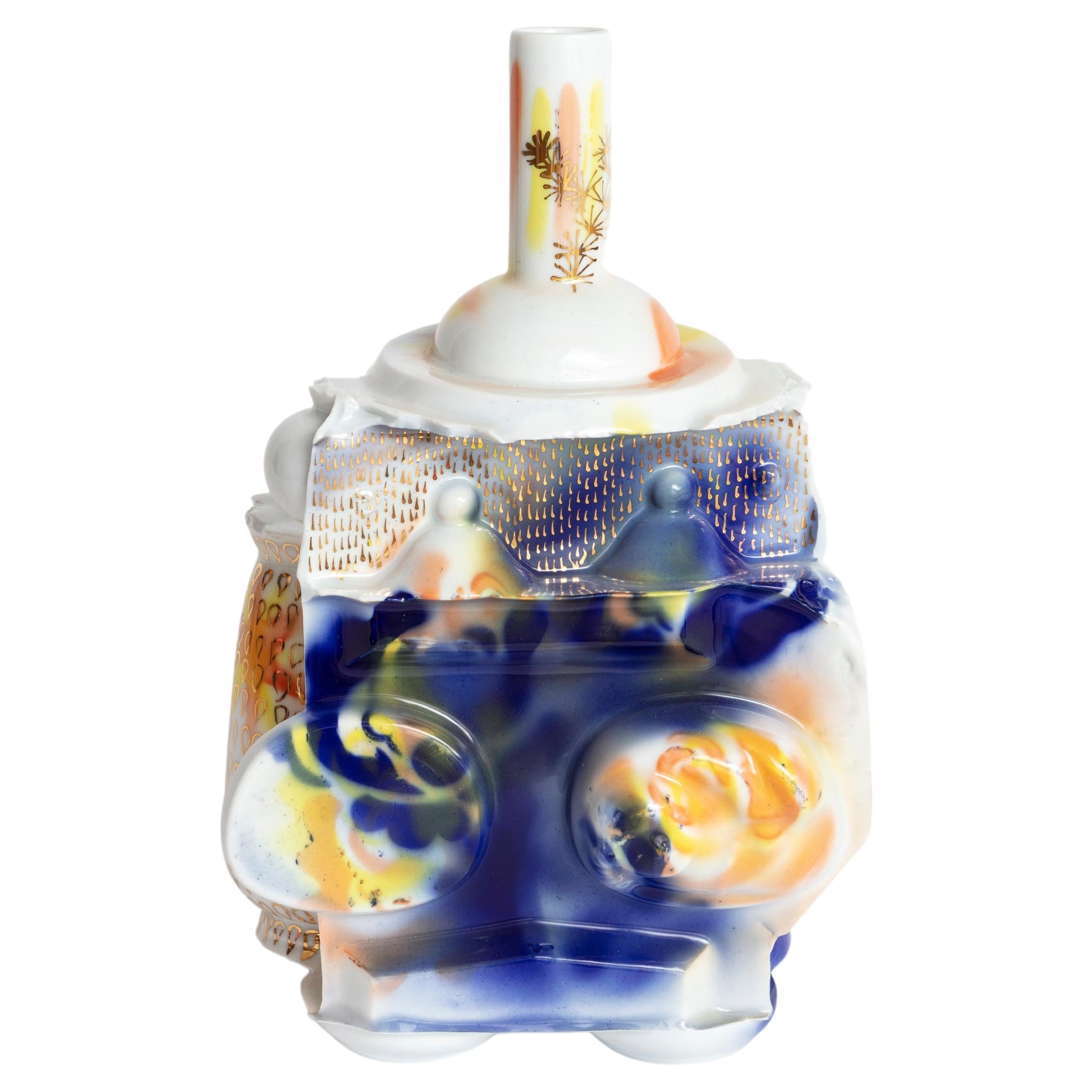"Smoker" decorated enameled porcelain vase, unique piece For Sale