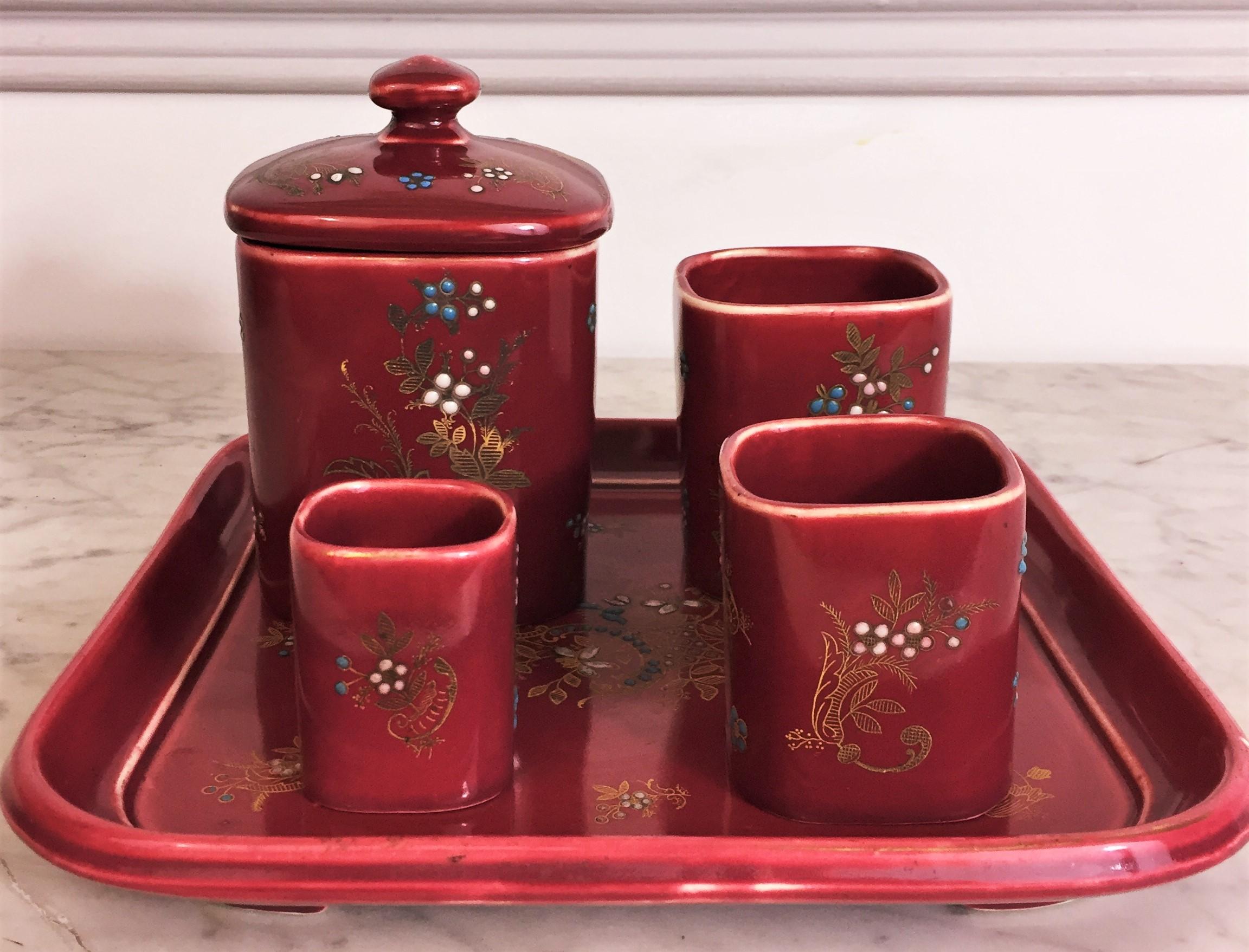 French Smoker Set in Red Glazed Earthenware 19th Napoleon III, De Bruyn Fives For Sale 3