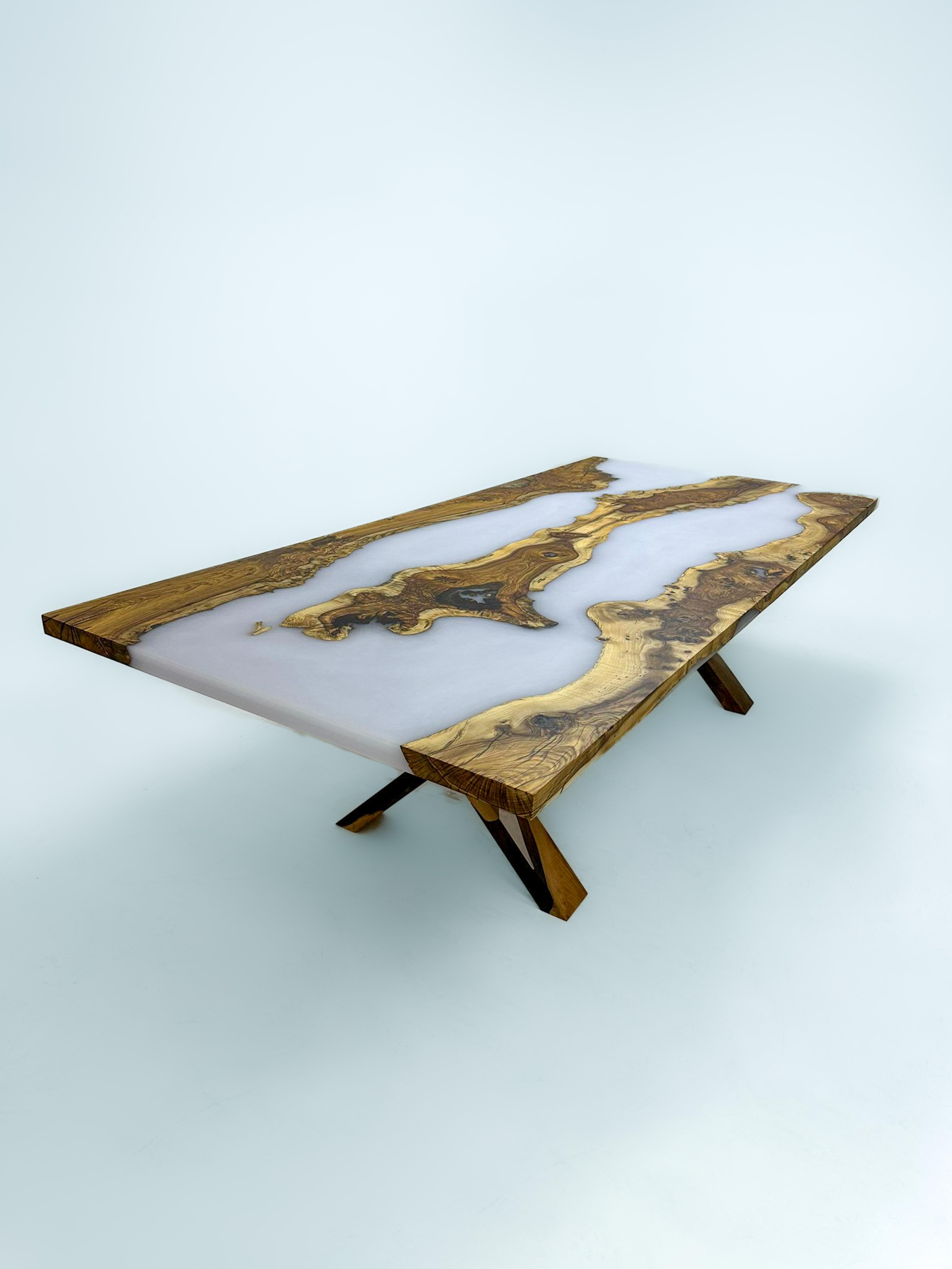 Arts and Crafts Smokey Epoxy Resin Dining Table - Live Edge Hackberry Wood River Custom Table For Sale