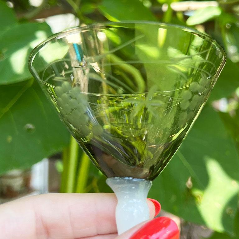 Japanese Smokey Etched Martini Glasses with Milk Glass Base - A Pair For Sale