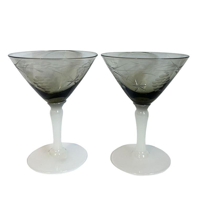 20th Century Smokey Etched Martini Glasses with Milk Glass Base - A Pair For Sale