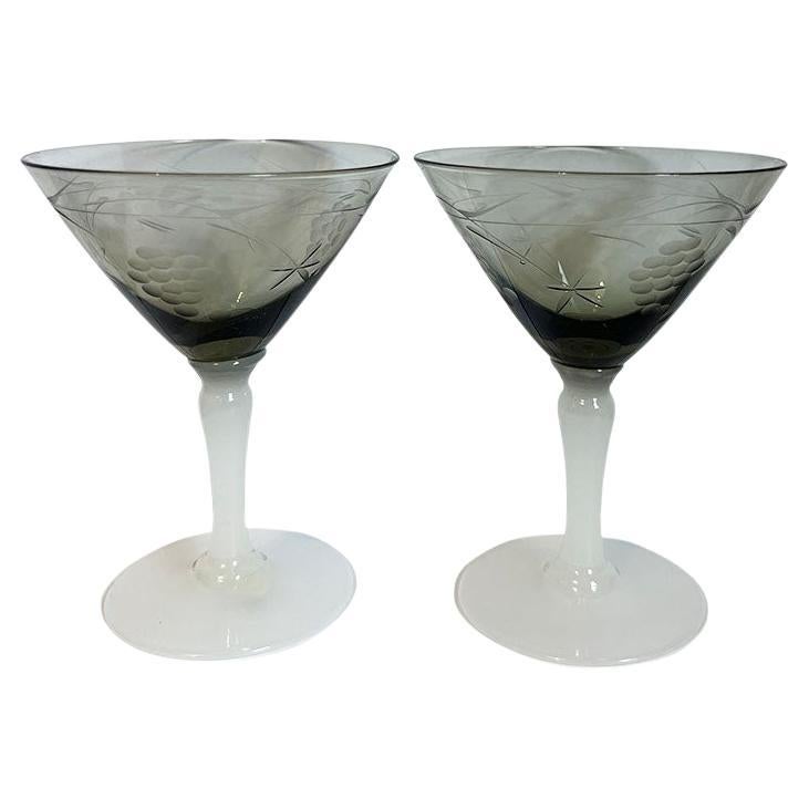 Smokey Etched Martini Glasses with Milk Glass Base - A Pair For Sale