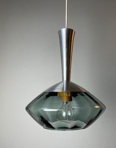 1950s Orrefors Smokey Gray Glass Metal Saucer Pendant, Sweden