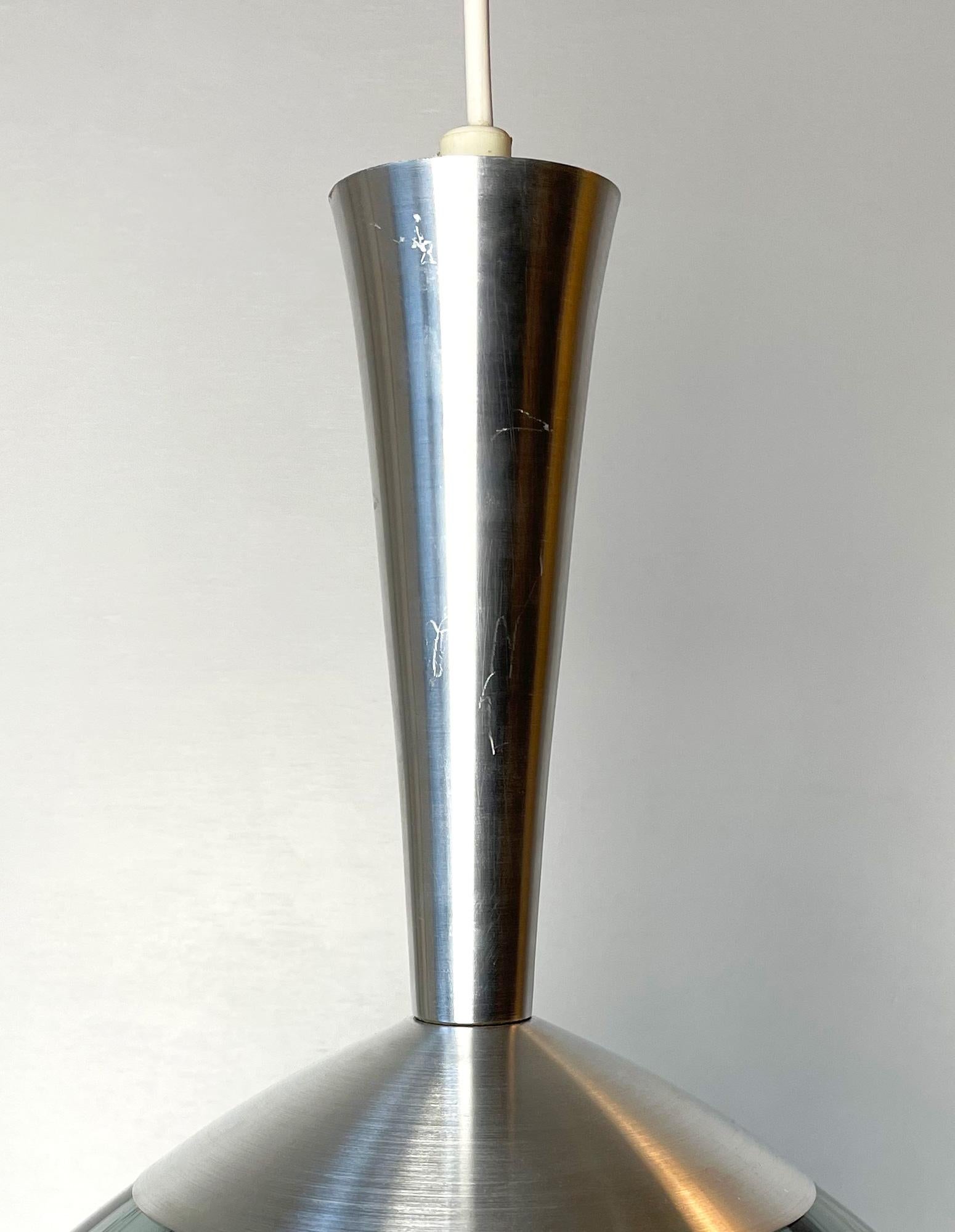Mid-Century Modern 1950s Orrefors Smokey Gray Glass Metal Saucer Pendant, Sweden For Sale