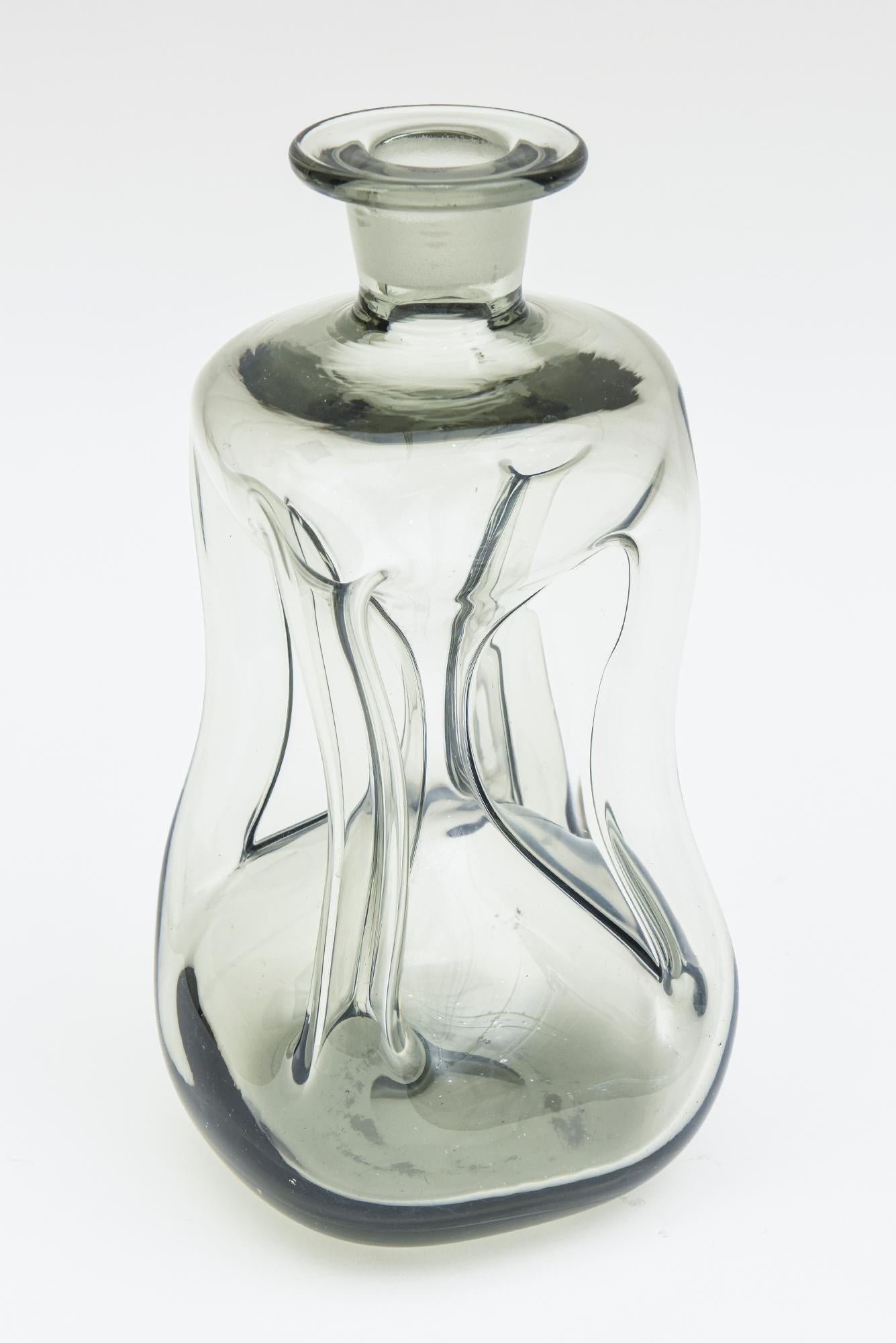 Blown Glass Smokey Gray Holmegaard Glass Cinched Decanter Bottle Rare Crown Stopper Vintage For Sale
