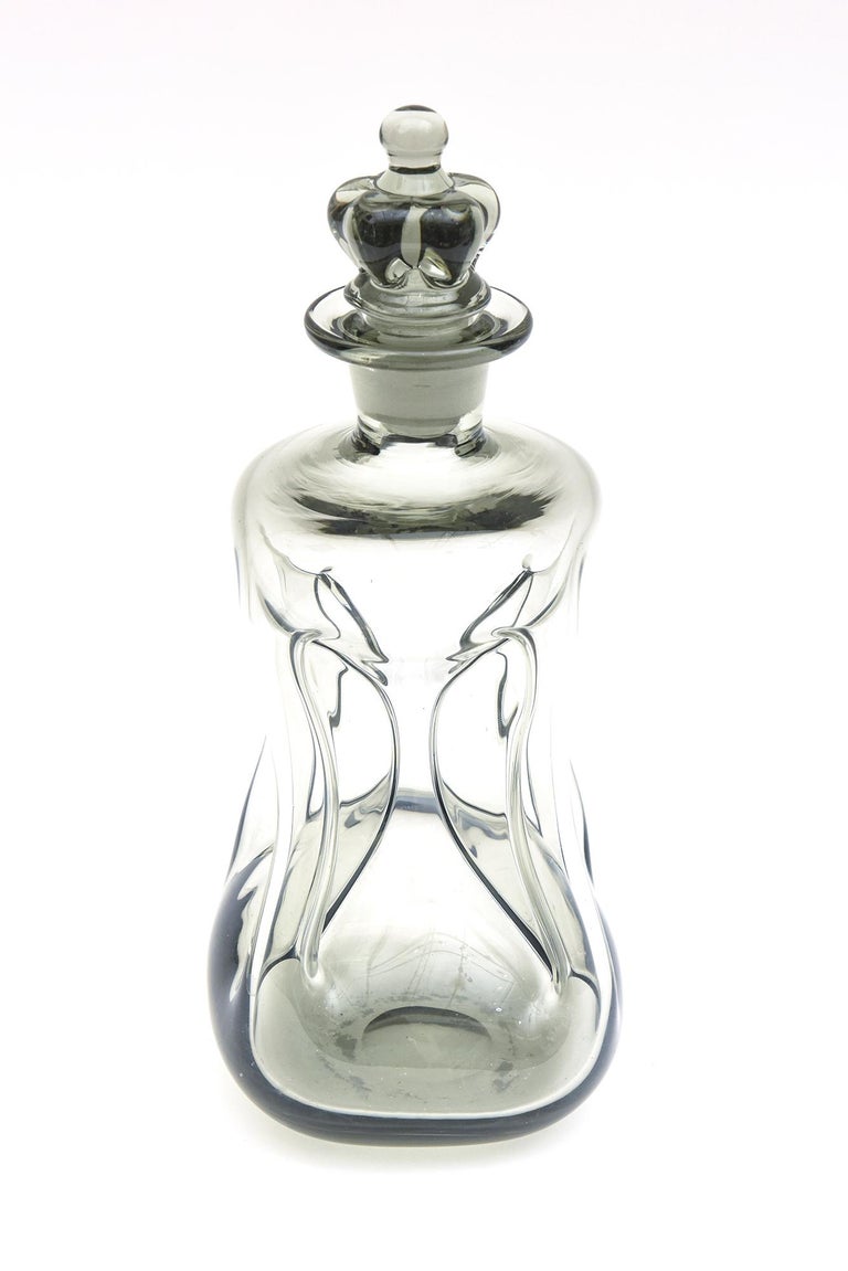 Smokey Gray Holmgaard Glass Cinched Decanter Bottle Rare Crown Stopper Vintage For Sale 6