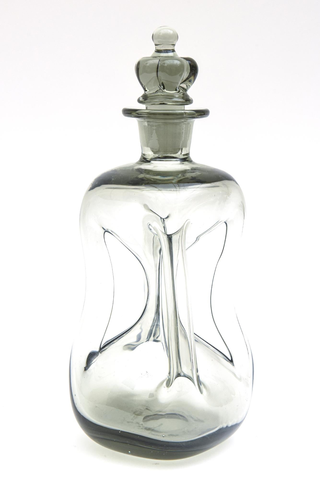 Mid-Century Modern Smokey Gray Holmegaard Glass Cinched Decanter Bottle Rare Crown Stopper Vintage For Sale