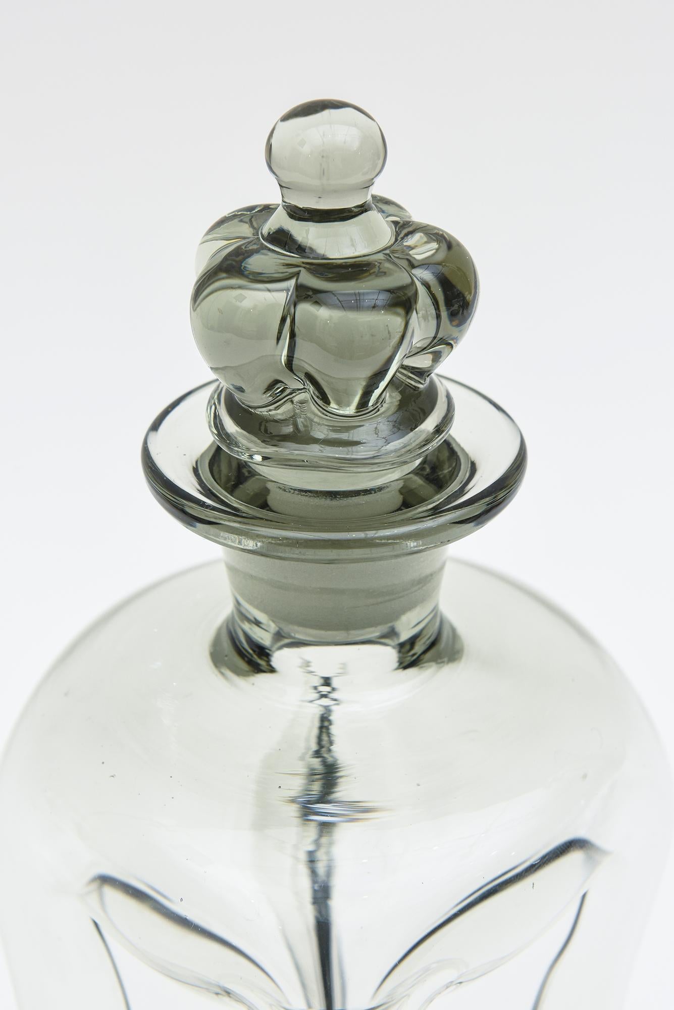 Danish Smokey Gray Holmegaard Glass Cinched Decanter Bottle Rare Crown Stopper Vintage For Sale