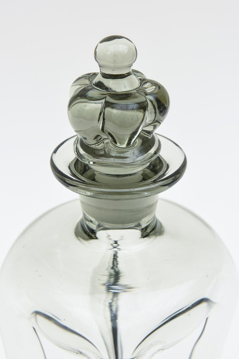 Smokey Gray Holmgaard Glass Cinched Decanter Bottle Rare Crown Stopper Vintage In Good Condition For Sale In North Miami, FL