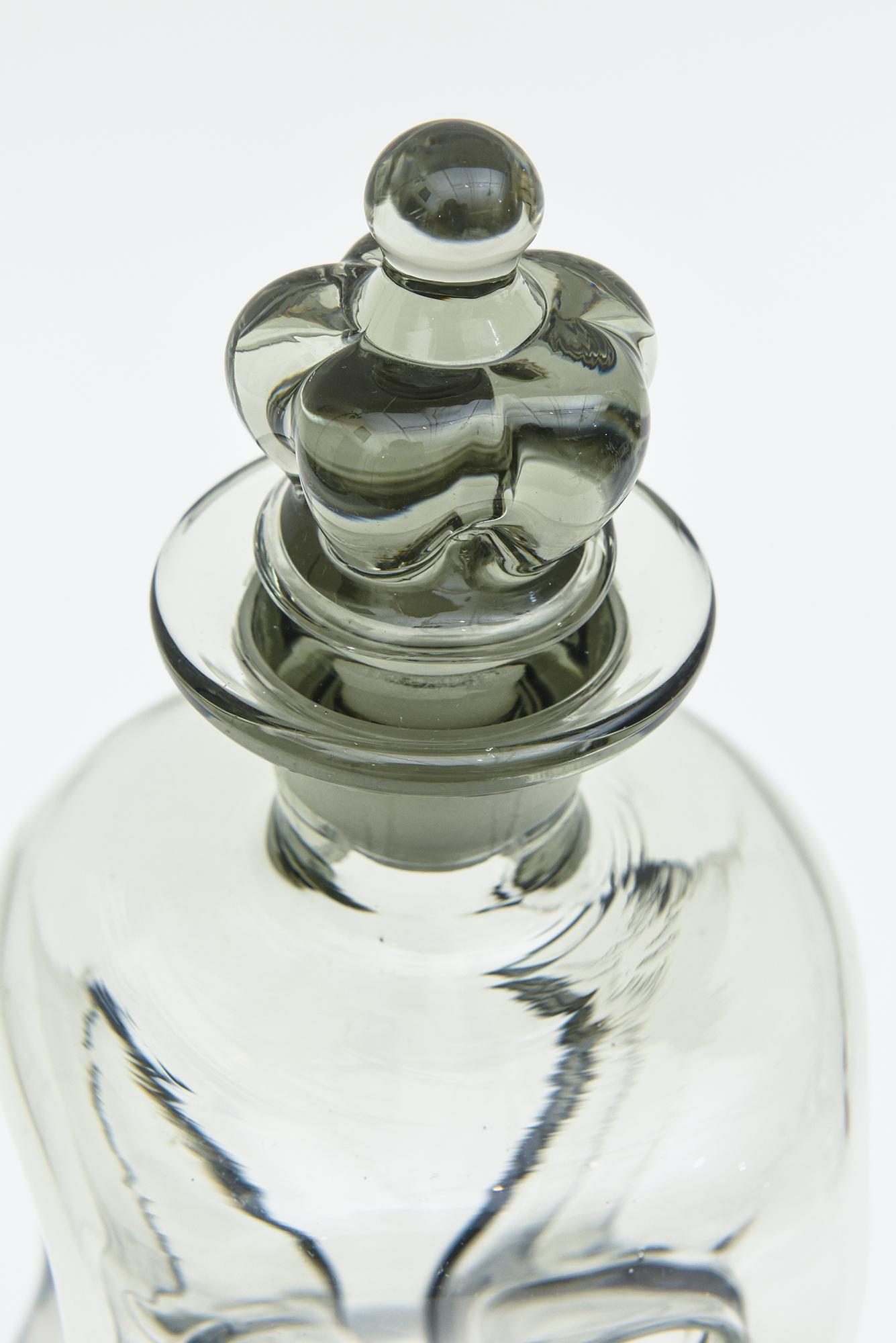 Danish Smokey Gray Holmegaard Glass Cinched Decanter Bottle Rare Crown Stopper Vintage For Sale