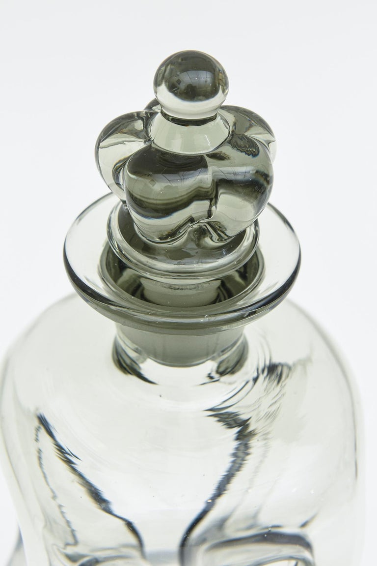 Mid-20th Century Smokey Gray Holmgaard Glass Cinched Decanter Bottle Rare Crown Stopper Vintage For Sale