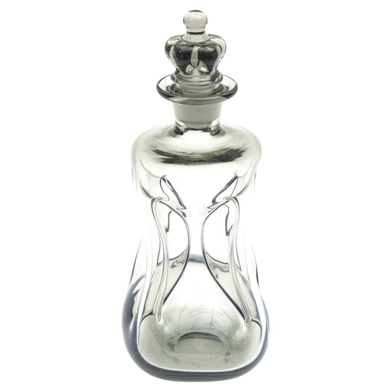 Smokey Gray Holmgaard Glass Cinched Decanter Bottle Rare Crown Stopper Vintage For Sale