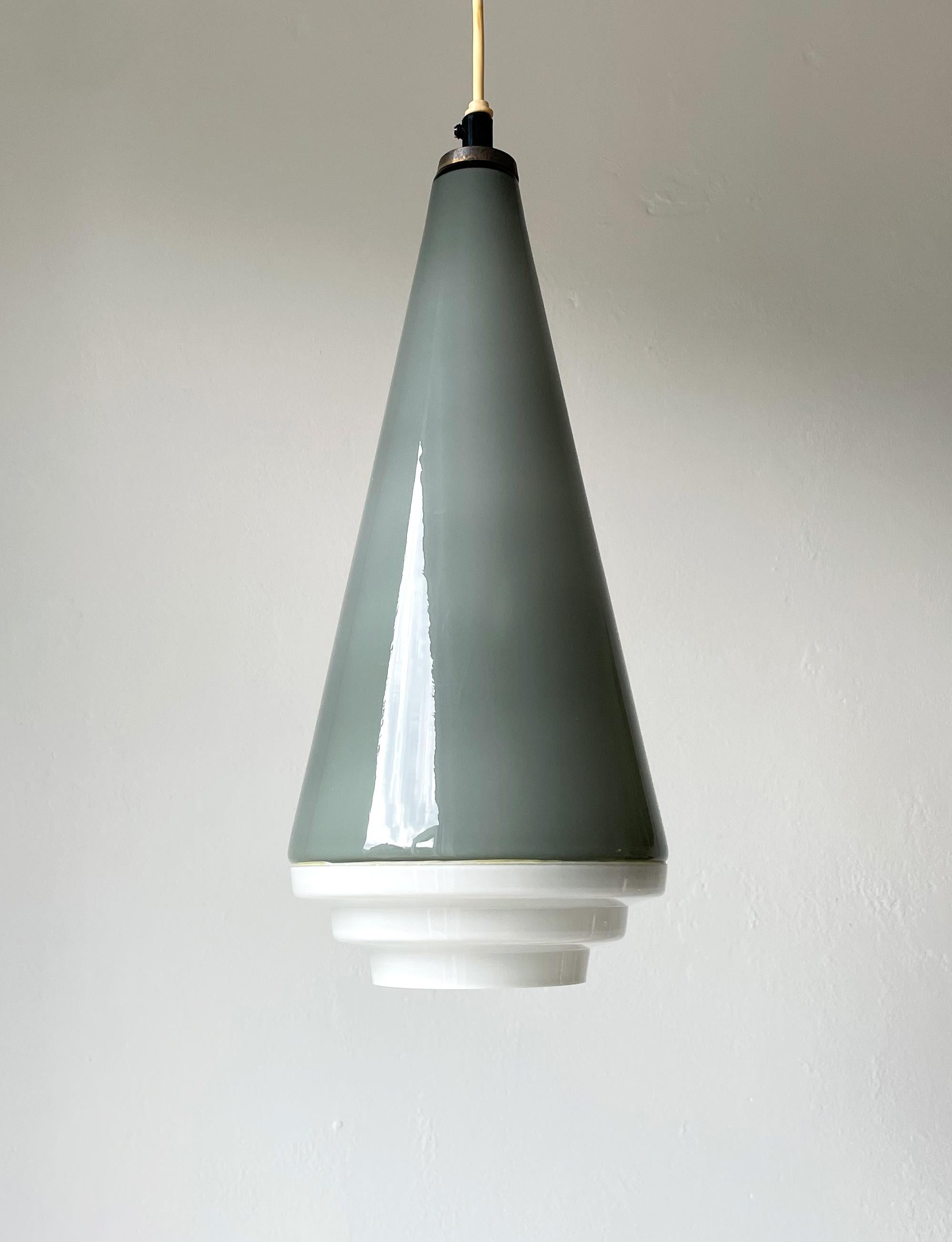 Mid-Century Modern Smokey Gray, White Glass Cone Pendant, 1950s For Sale