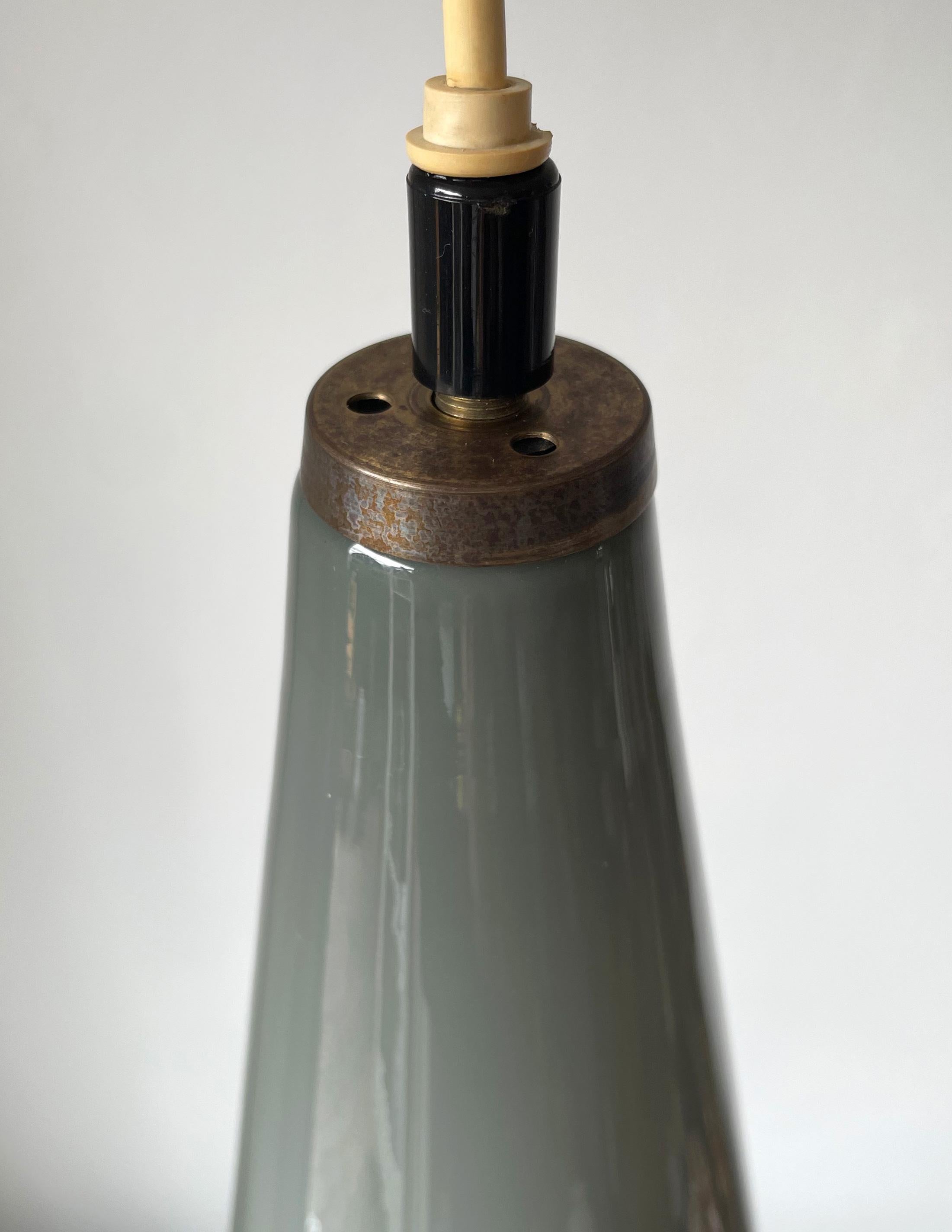 Brass Smokey Gray, White Glass Cone Pendant, 1950s For Sale