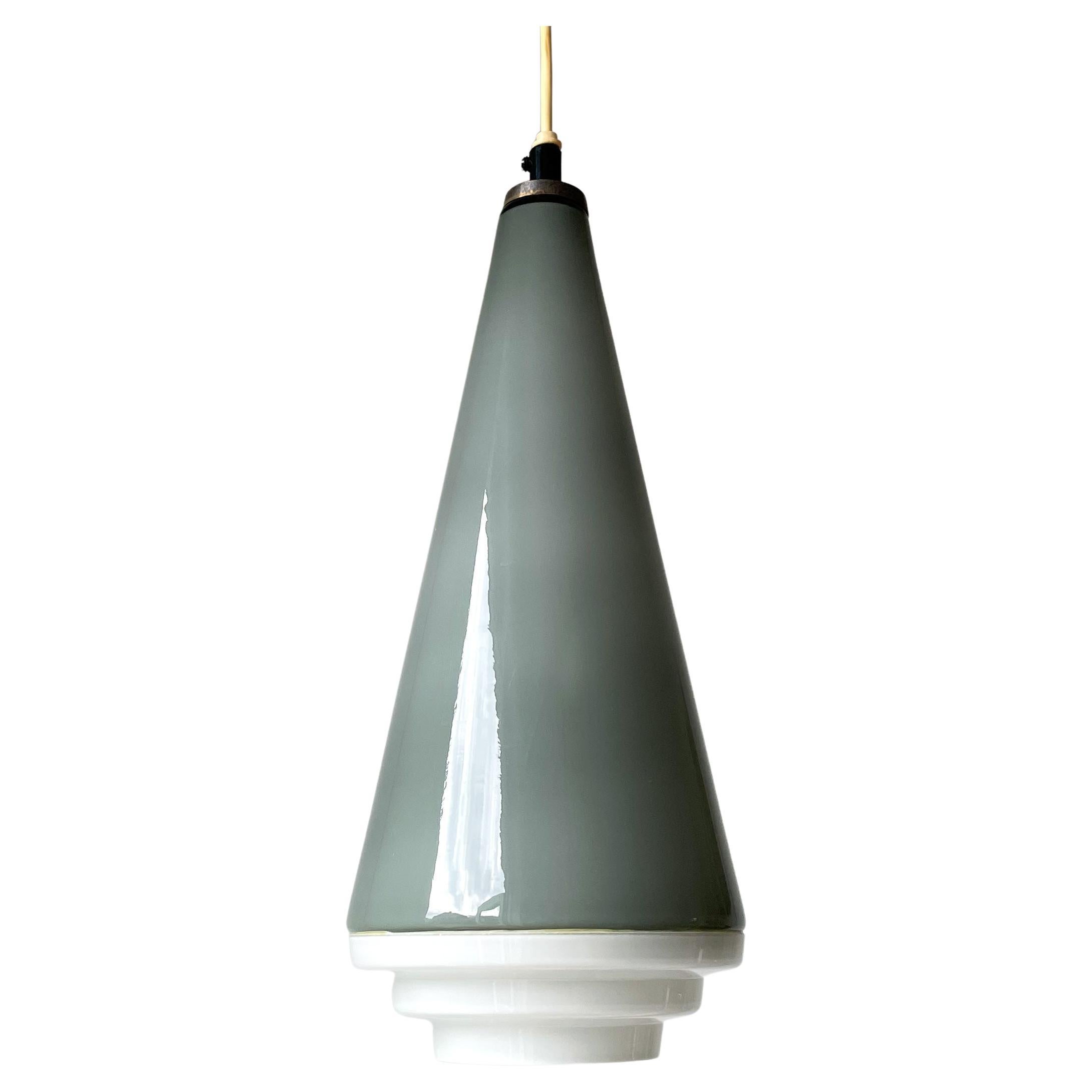 Smokey Gray, White Glass Cone Pendant, 1950s For Sale