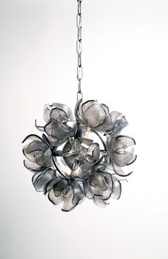 Smokey Grey Glass Magnolia Chandelier on Stainless Frame by Elizabeth Lyons