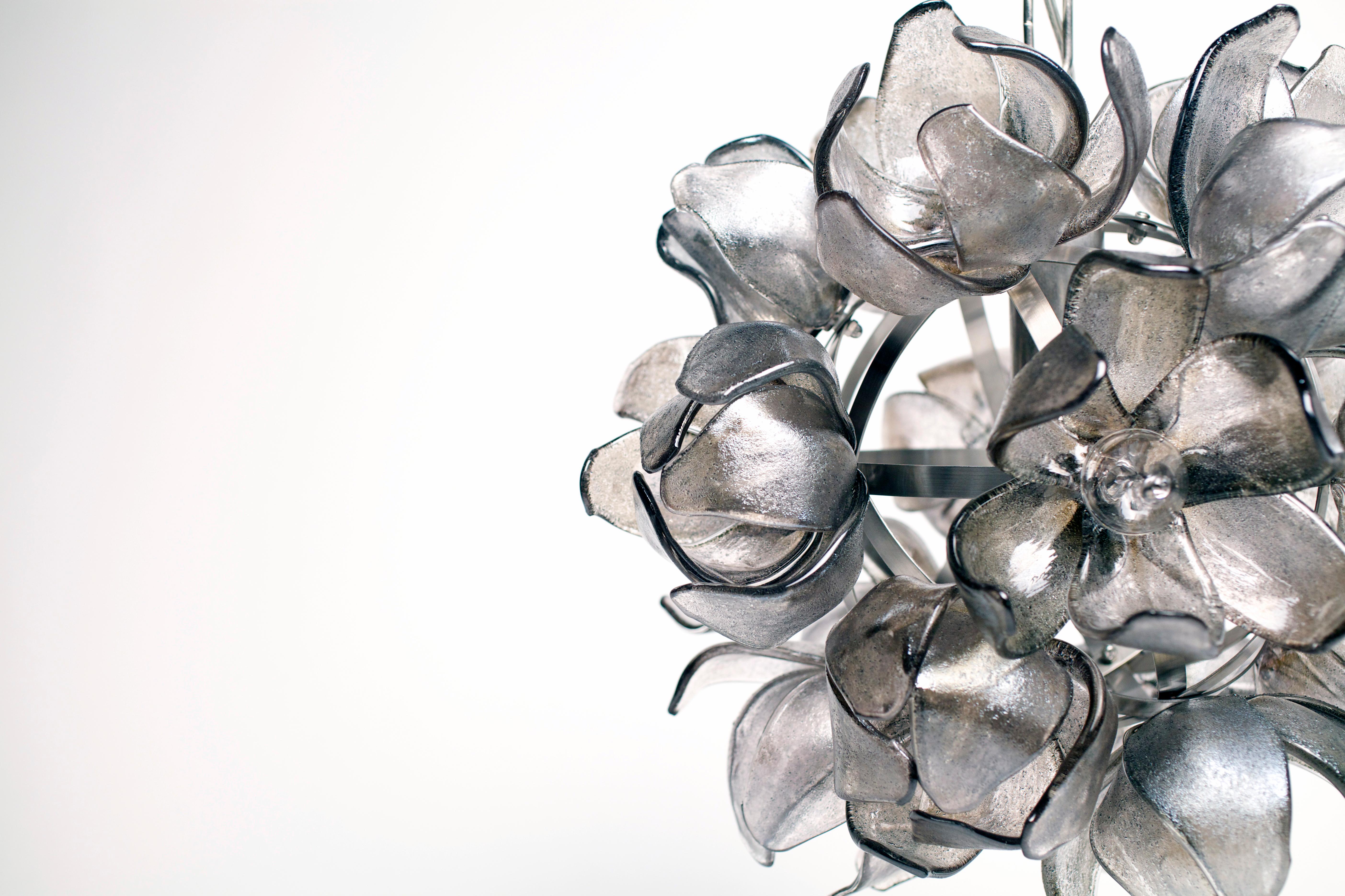 Modern Smokey Grey Glass Magnolia Chandelier on Stainless Frame by Elizabeth Lyons For Sale