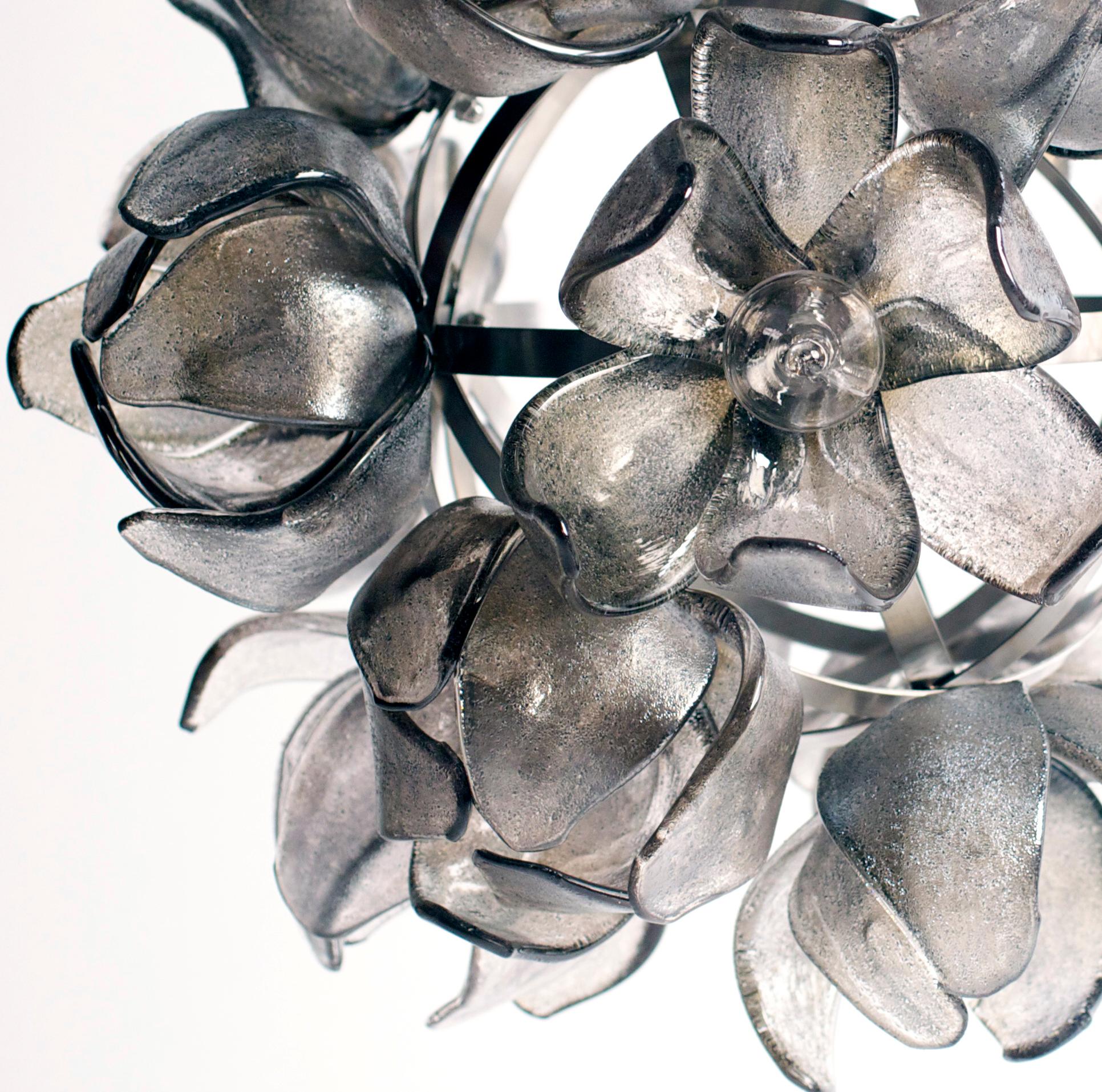 American Smokey Grey Glass Magnolia Chandelier on Stainless Frame by Elizabeth Lyons For Sale