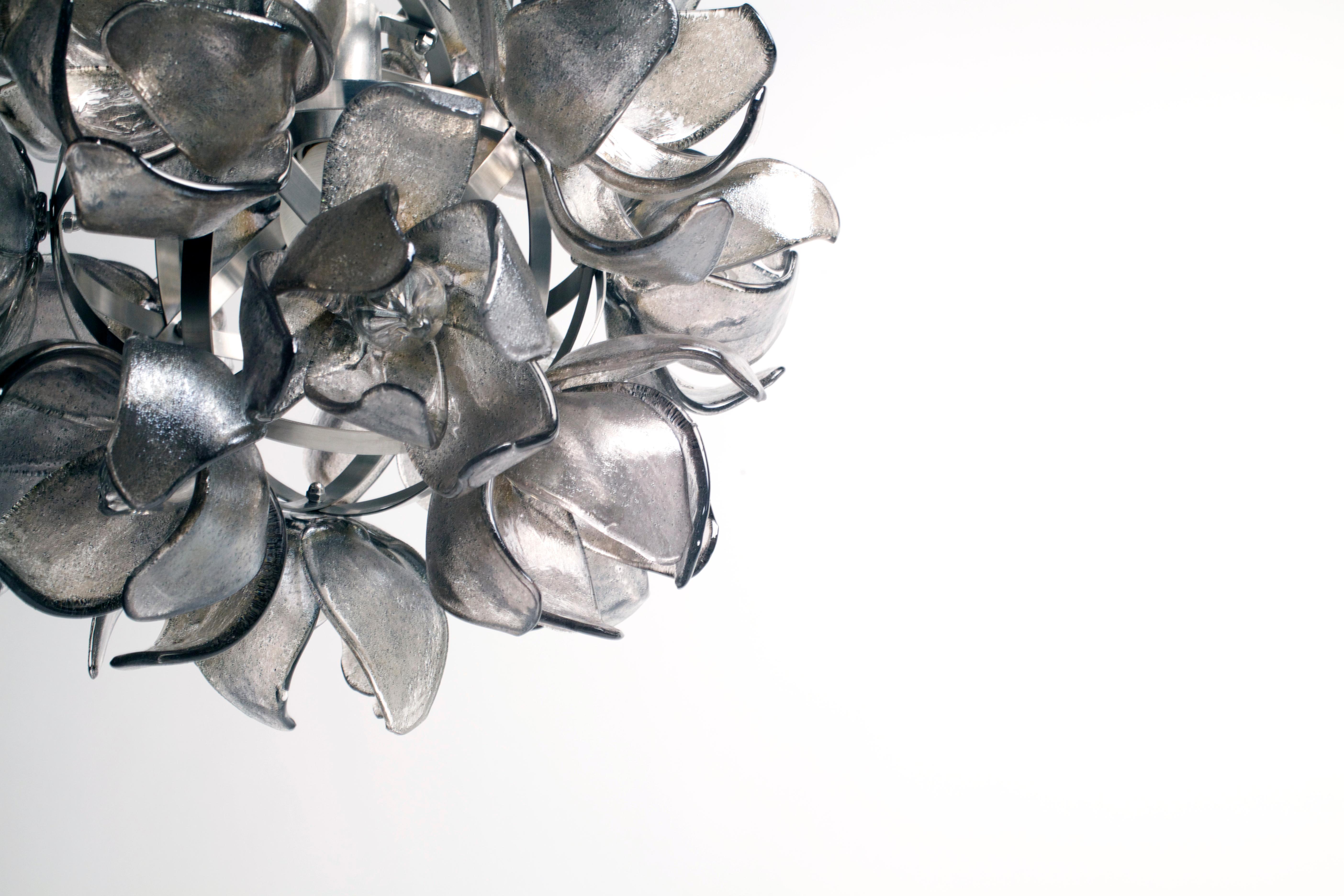 Welded Smokey Grey Glass Magnolia Chandelier on Stainless Frame by Elizabeth Lyons For Sale