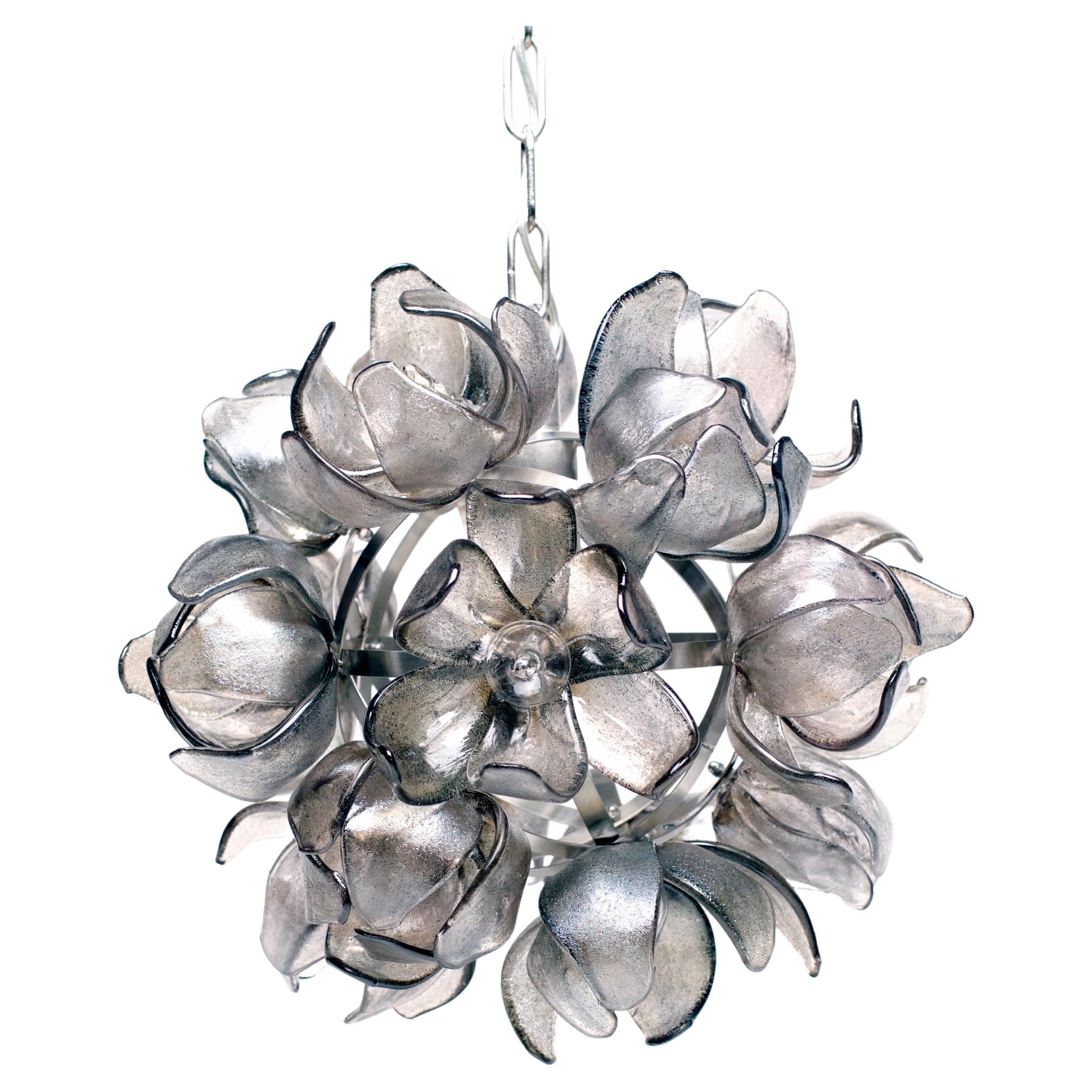 Smokey Grey Glass Magnolia Chandelier on Stainless Frame by Elizabeth Lyons For Sale