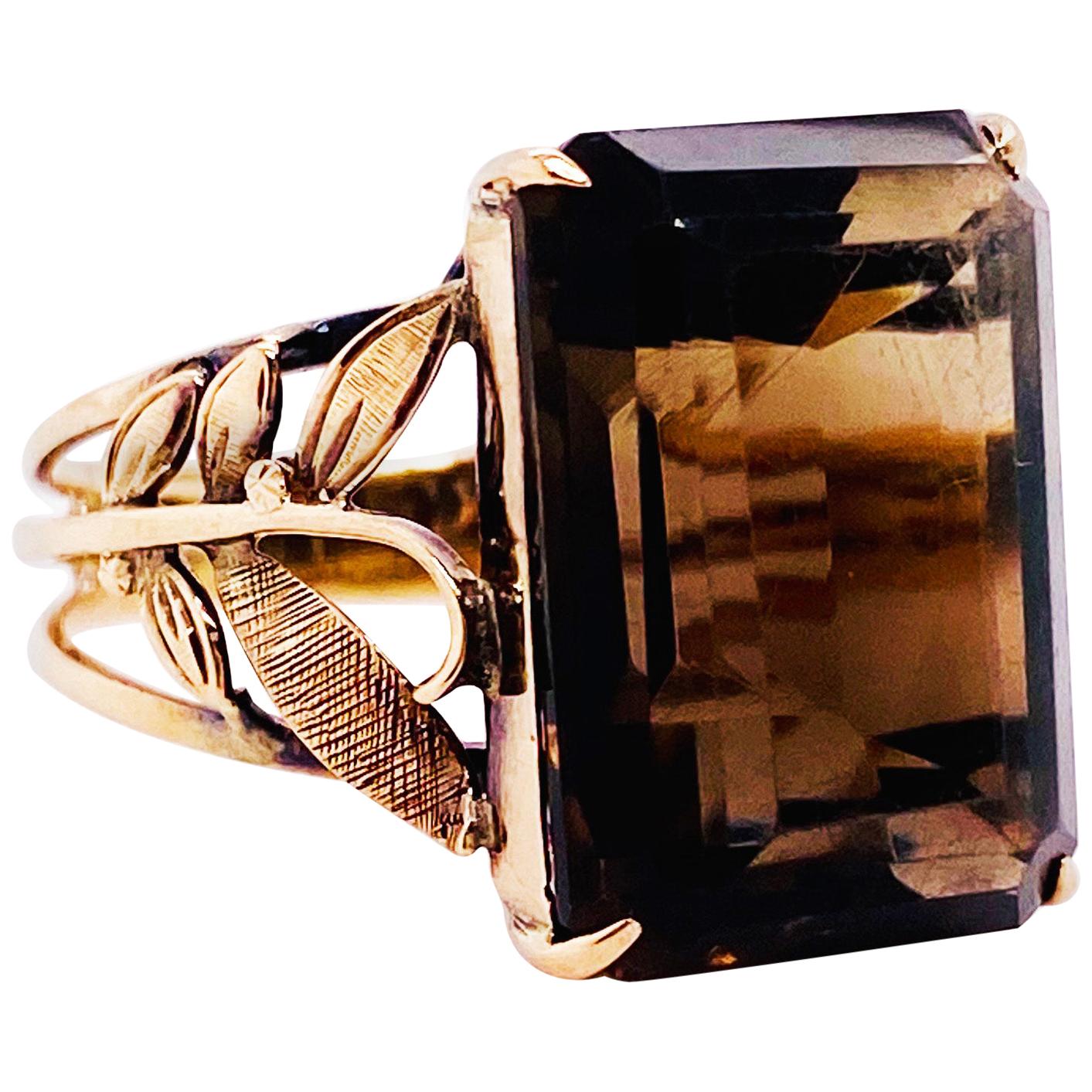 Smokey Quartz Antique 14 Karat Gold Ring, 10 Carat Emerald Cut, Brazilian Quartz