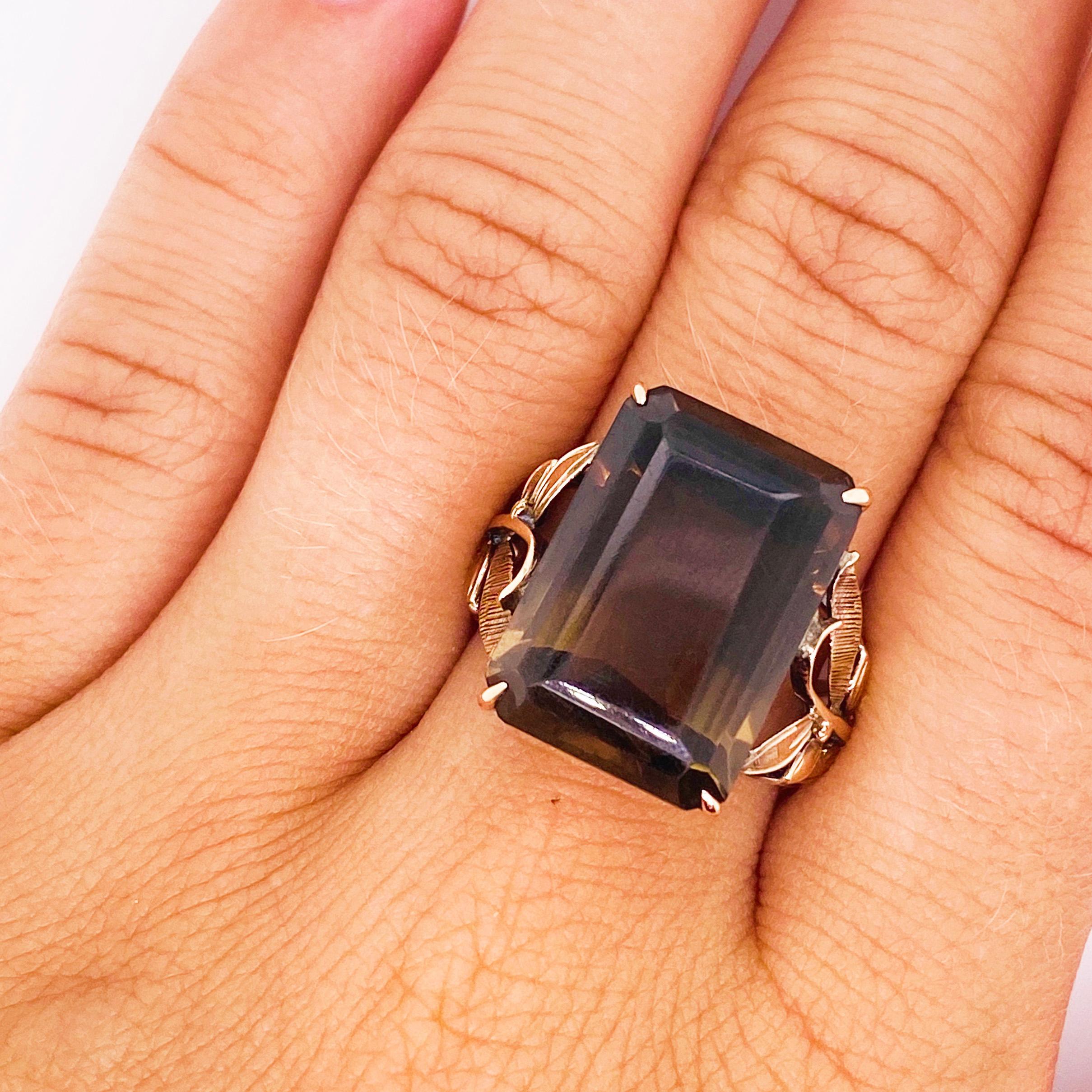 Romantic Smokey Quartz Antique 14 Karat Gold Ring, 10 Carat Emerald Cut, Brazilian Quartz