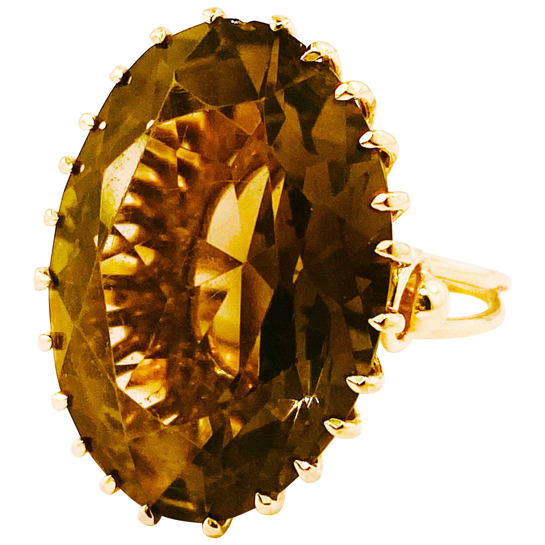 Smokey Quartz Antique Design Ring 14 Karat Yellow Gold Pointed Prong Custom Ring For Sale