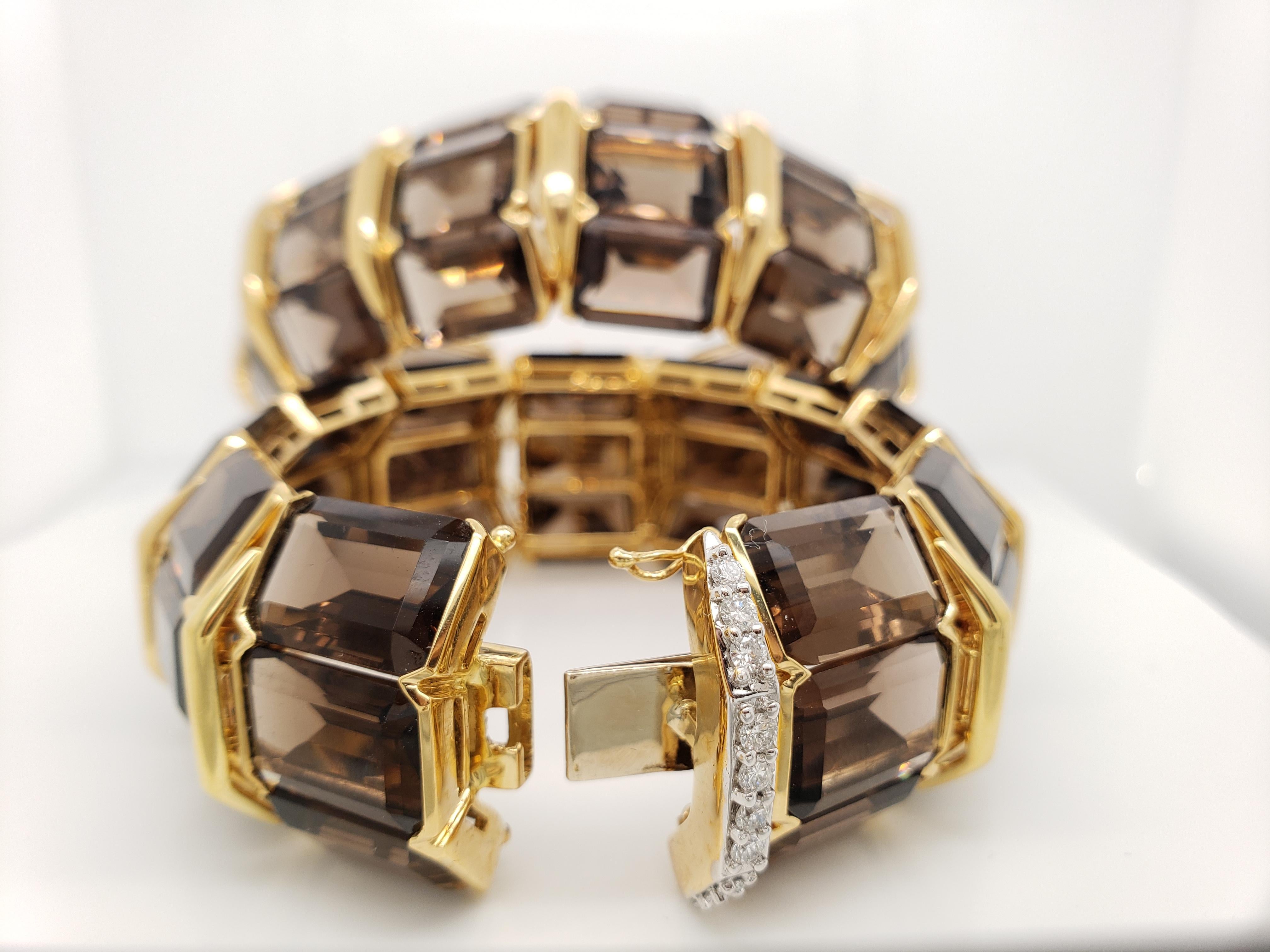 These breathtaking bangles contain 445.50 carats of Emerald Cut Smokey Quartz with .80 carats of White pavé diamonds on the clasps. Hand-crafted in 18K Yellow Gold.

make a powerful statement with this beautiful set of bangles!