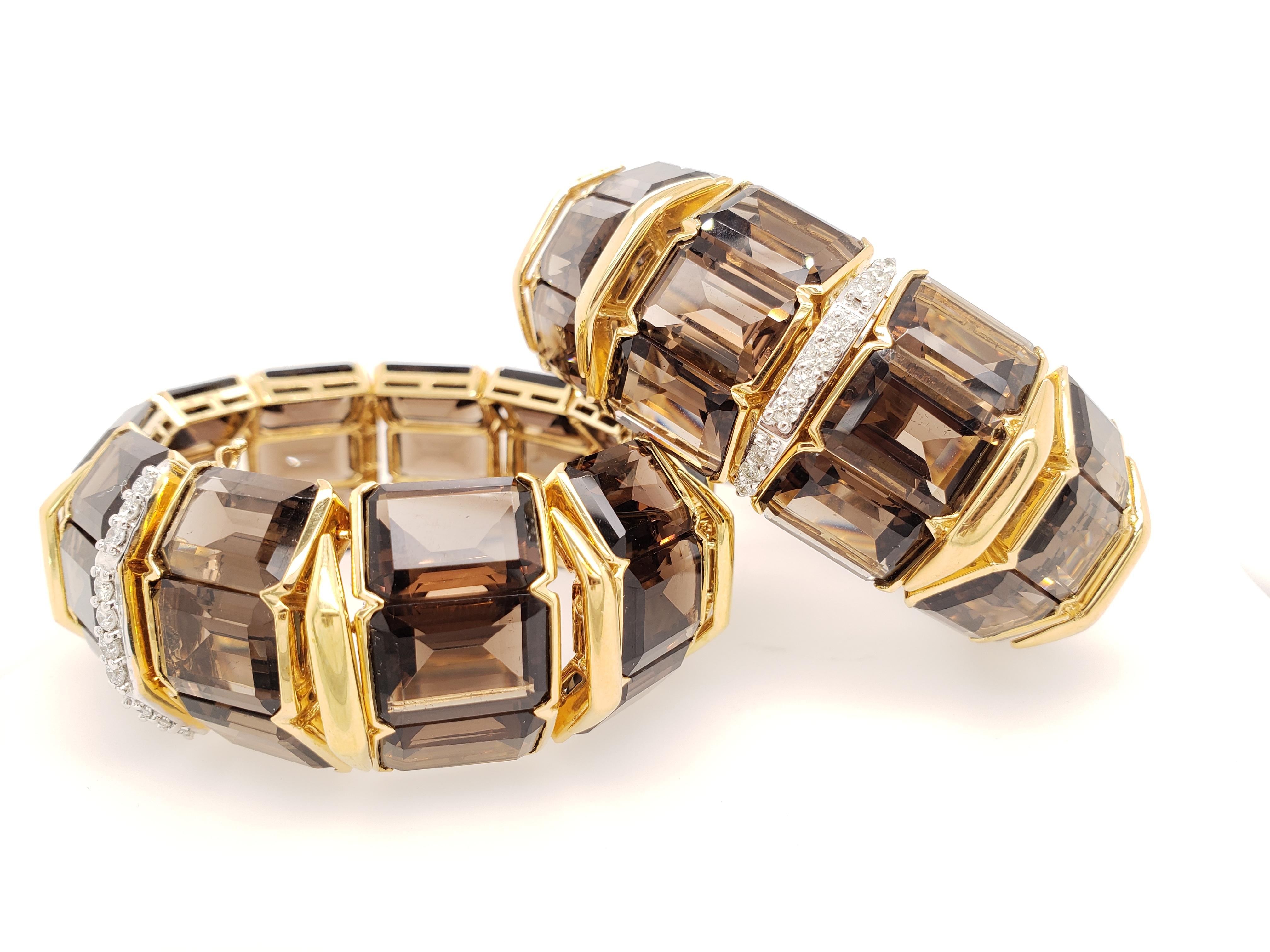 Smokey Quartz Bangles with Diamond Clasps 'Set of 2' In Good Condition For Sale In New York, NY