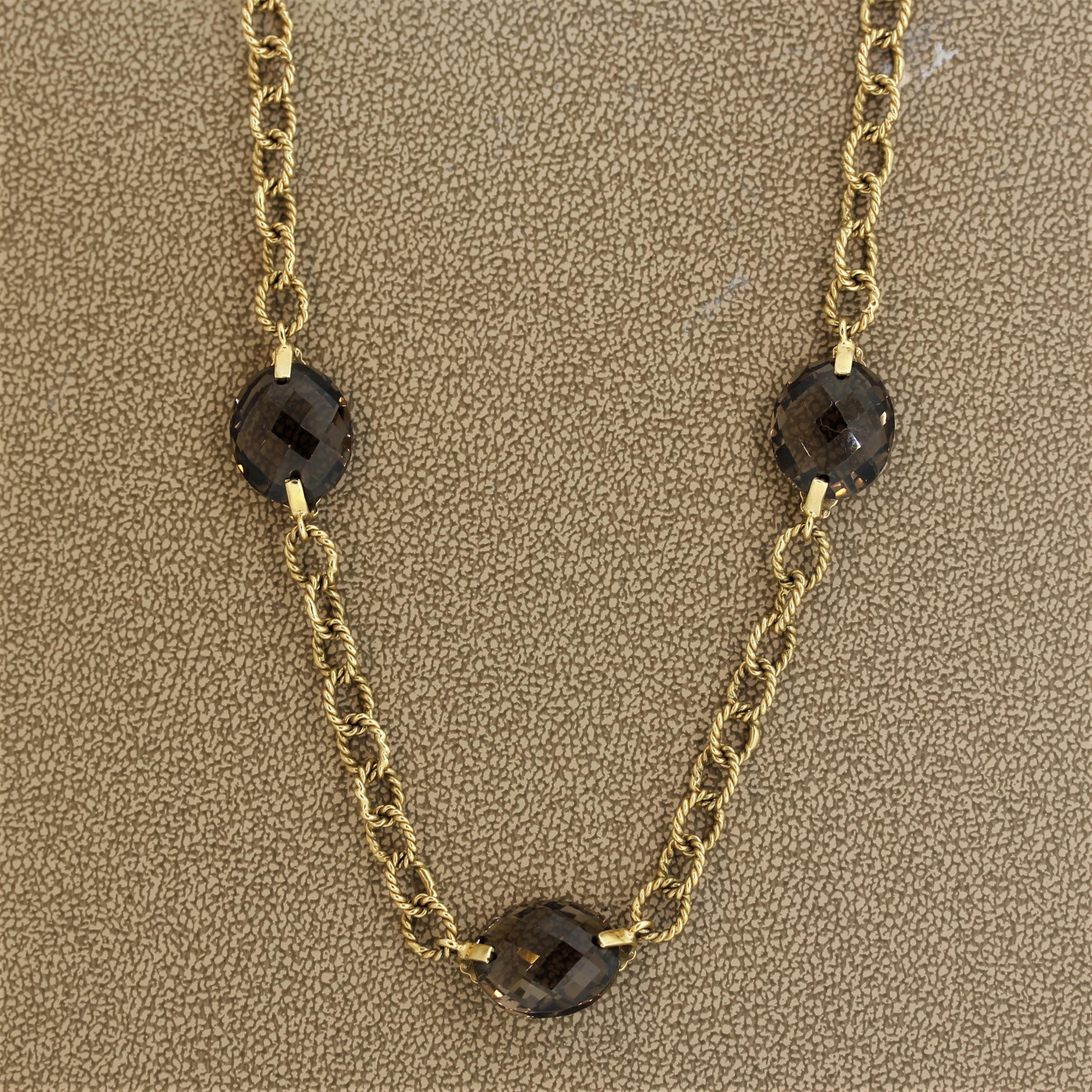 Gliederhalskette aus geflochtenem Gold mit Rauchquarz (Ovalschliff)