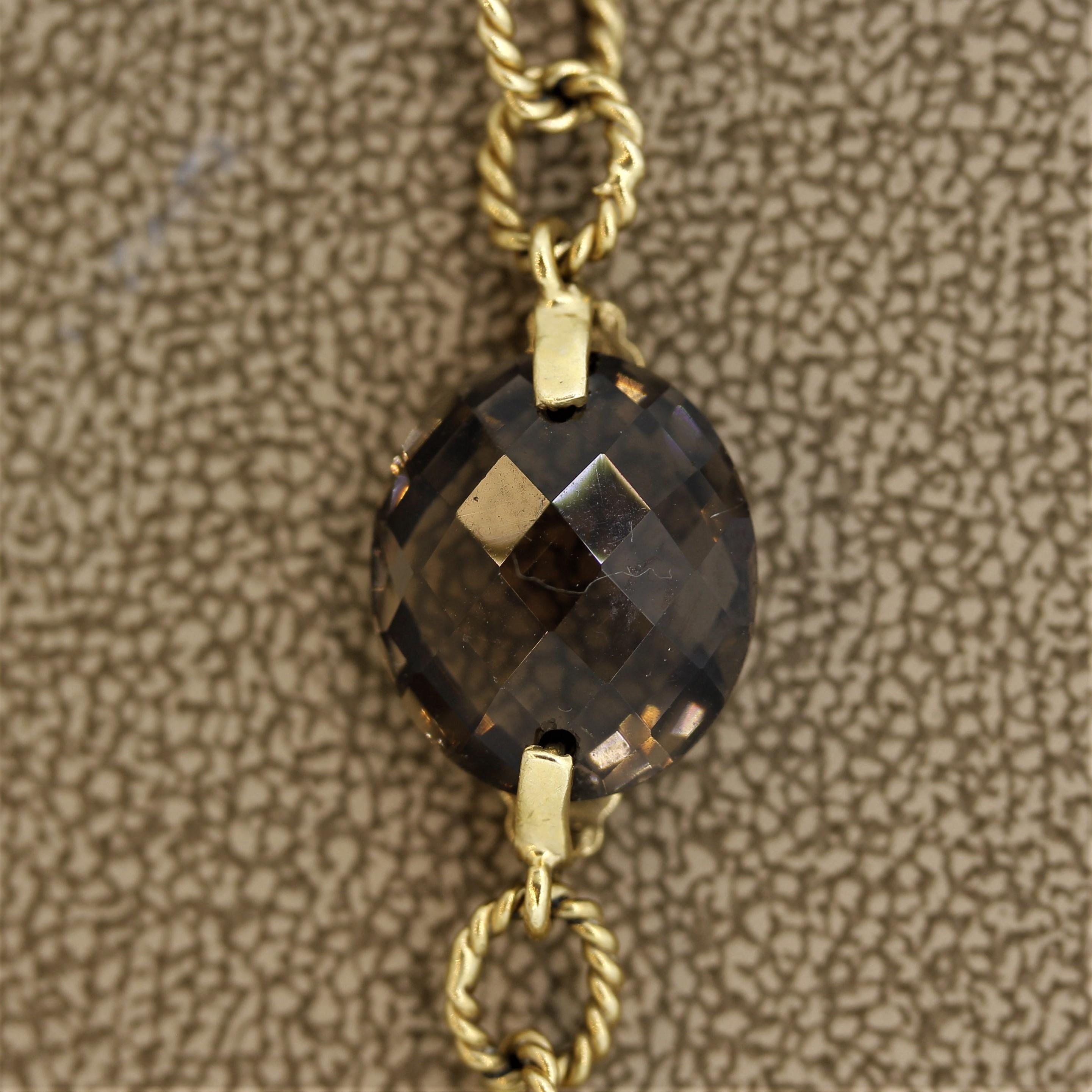 Gliederhalskette aus geflochtenem Gold mit Rauchquarz Damen