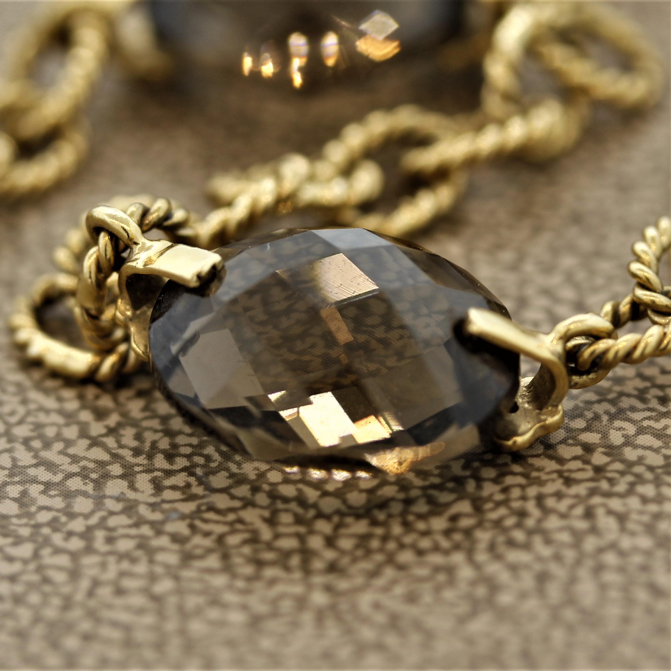 Gliederhalskette aus geflochtenem Gold mit Rauchquarz 1