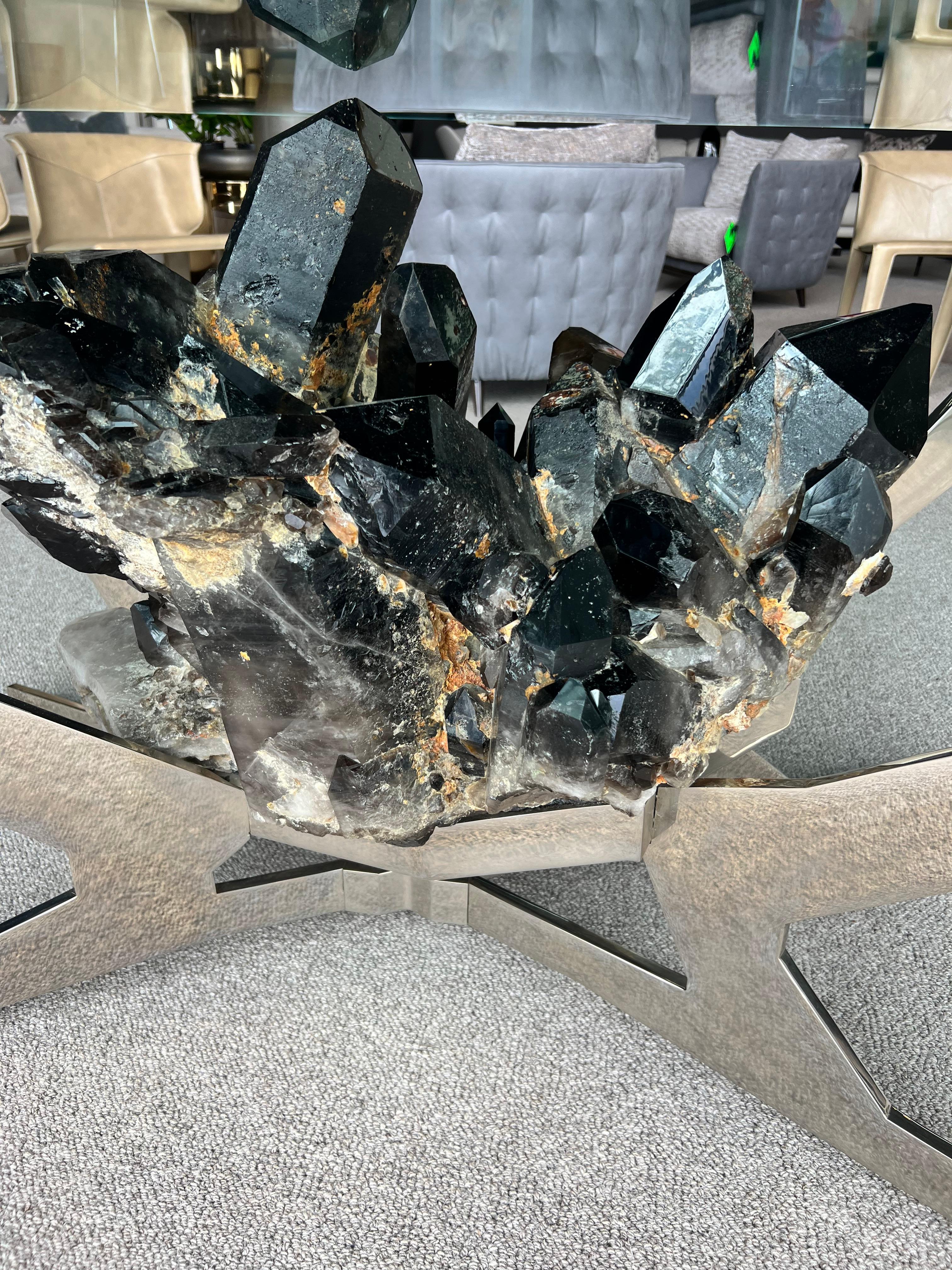 Modern Smokey Quartz Dining Room Table By Giuliano Tincani (ITALY)Nickel with Glass Top For Sale